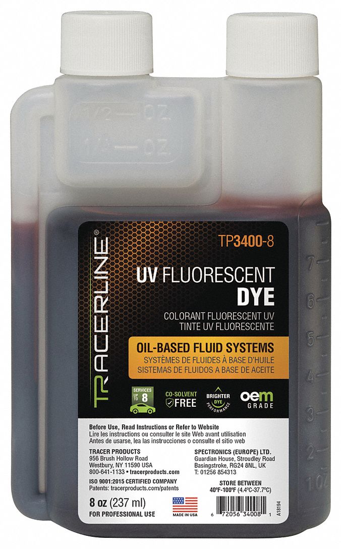 UV FLUORESCENT DYE, LEAK DETECTION, FOR OIL-BASED FLUID SYSTEM, YELLOW/BROWN, 8 OZ