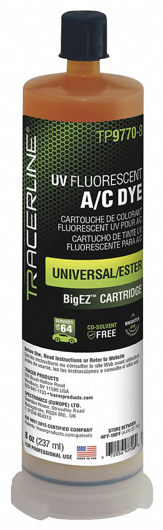 UV FLUORESCENT A/C DYE, LEAK DETECTION, FOR AIR CONDITIONING SYSTEM, AMBER, 8 OZ