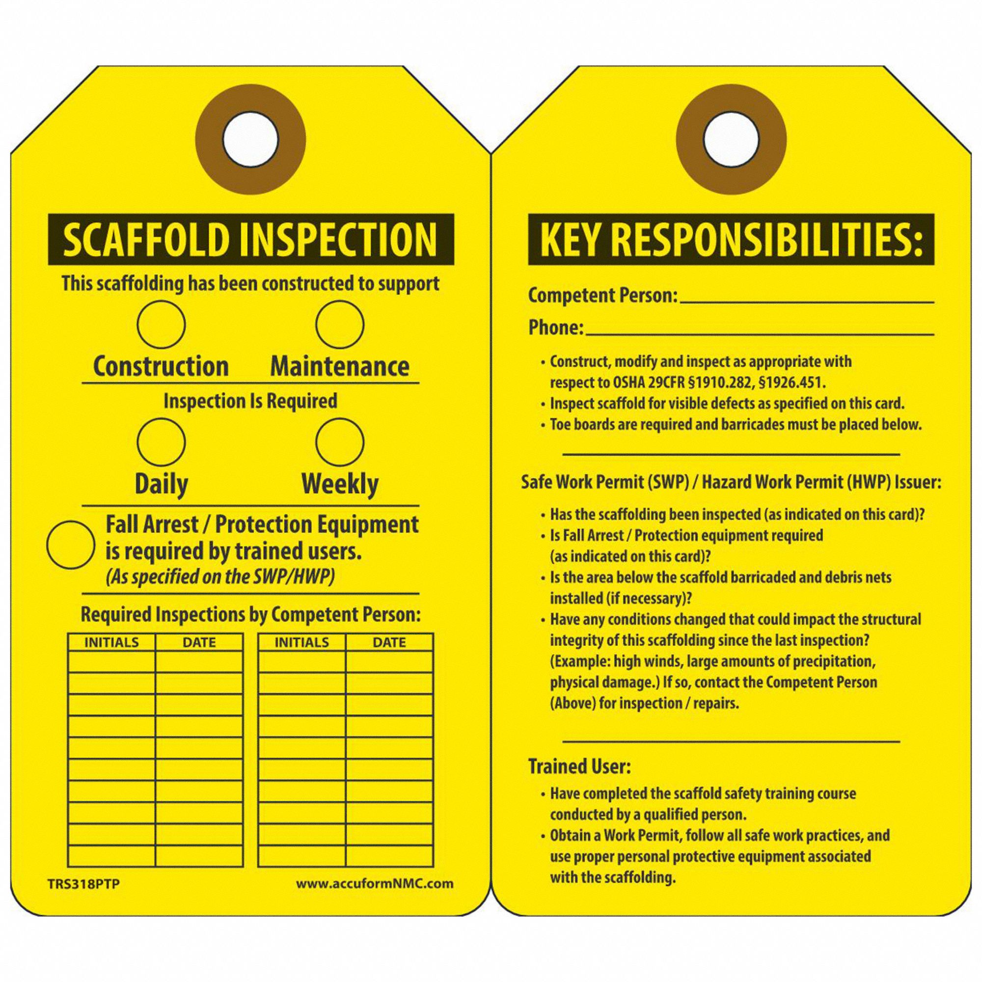 Tag: Scaffold Inspection, 3 1/4 in Wd, 5 3/4 in Ht, Yellow, Rectangle, Plastic, English, 25 PK
