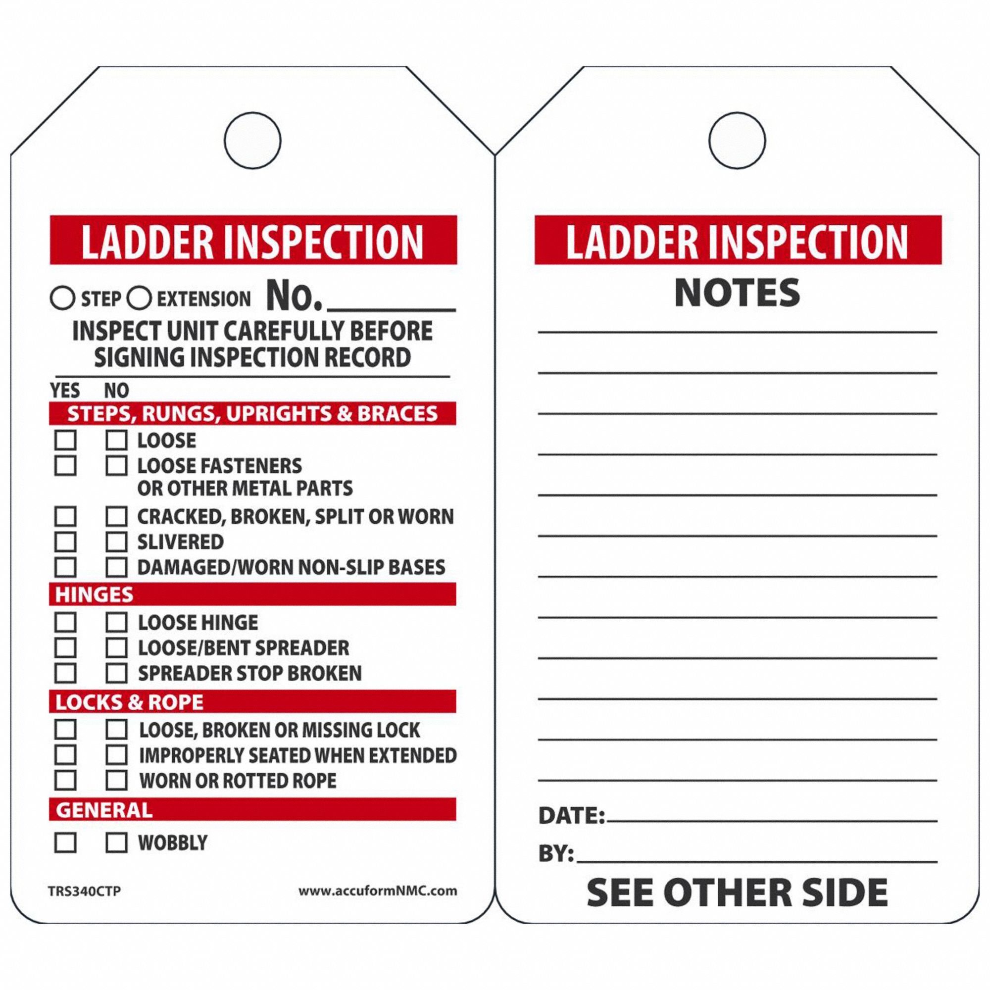 Ladder Inspection, 3 1/4 in Wd, Tag 43Z338TRS340CTP Grainger
