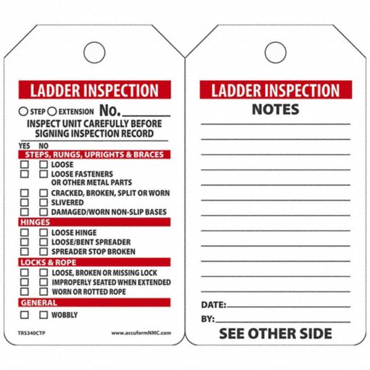 Tag: Ladder Inspection, 3 1/4 in Wd, 5 3/4 in Ht, White, Rectangle,  Cardstock, Indoor/Outdoor