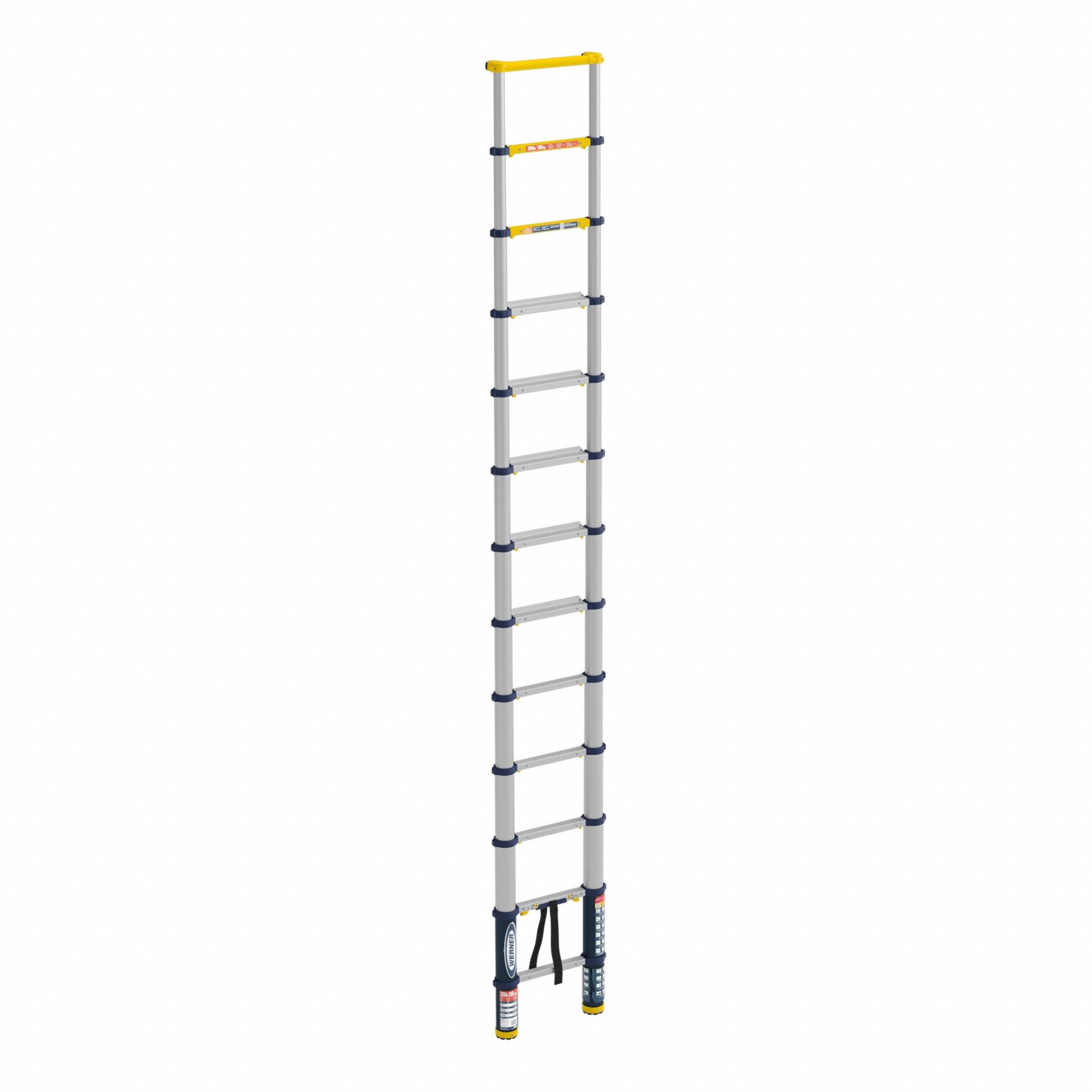 WERNER Telescoping Ladder: 13 ft Ladder Size, Aluminum, 300 lb Load Capacity, 34 lb Wt (MPN TS1250). Key specifications — Brand: WERNER; Color: Yellow.