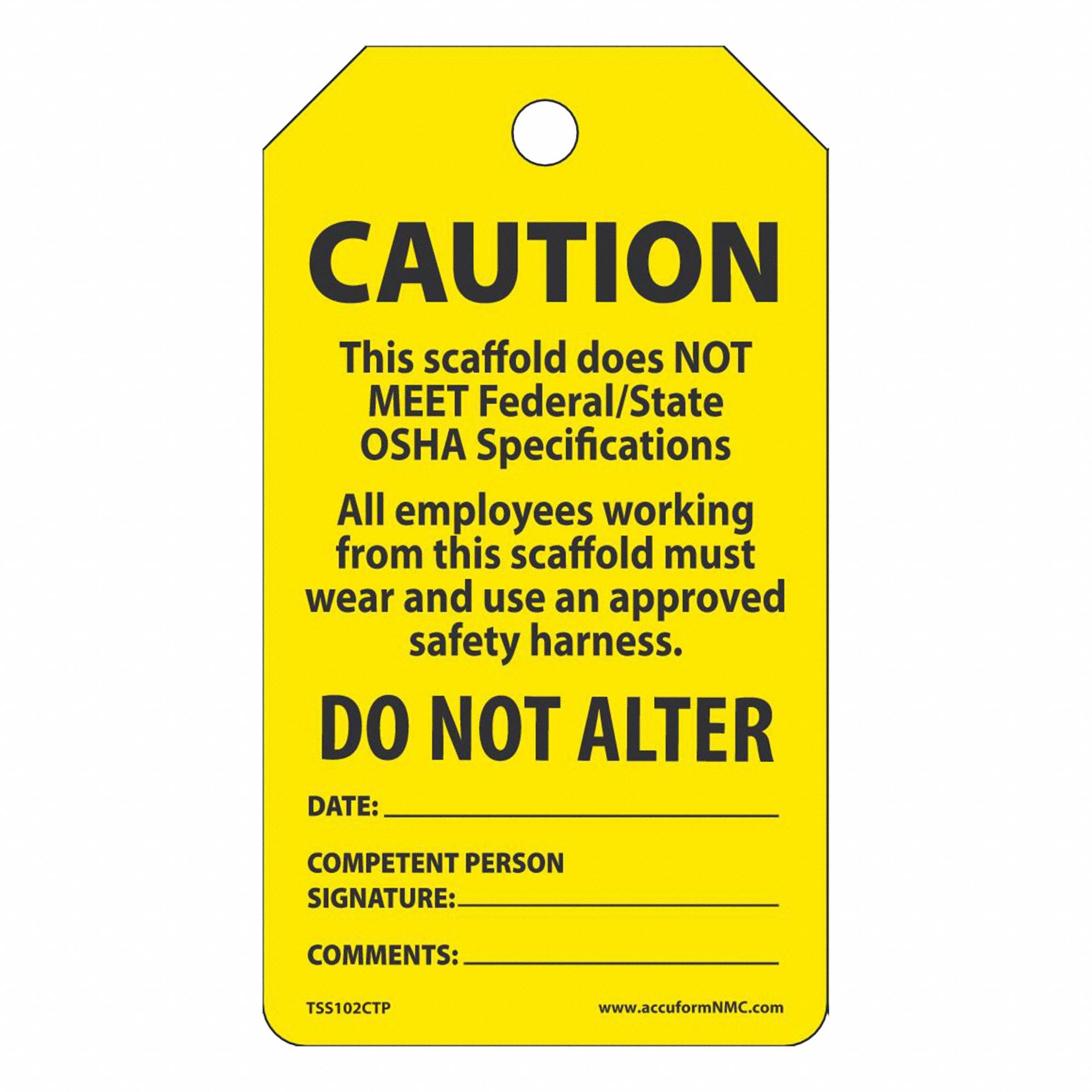 Tag: Caution, 3 1/4 in Wd, 5 3/4 in Ht, Yellow, Rectangle, Cardstock, Indoor/Outdoor, English, 25 PK