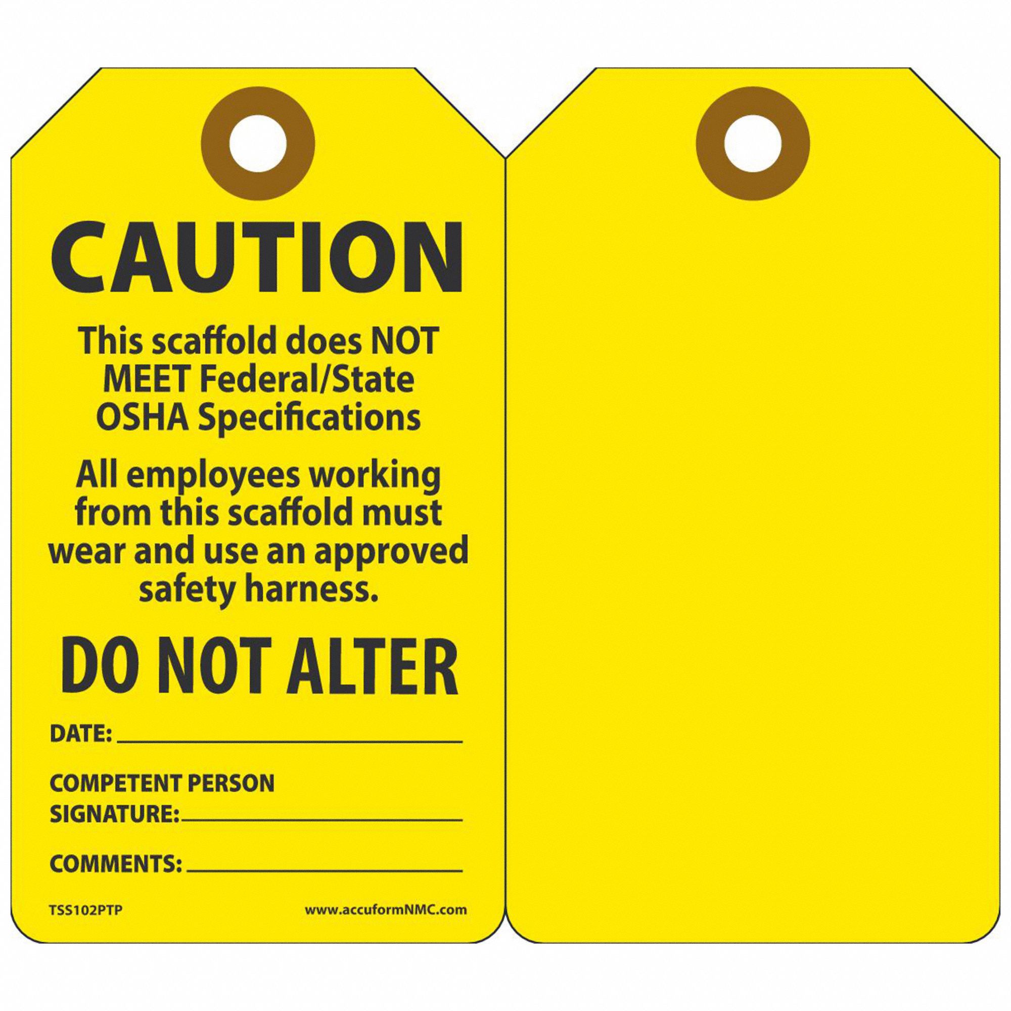 Tag: Caution, 3 1/4 in Wd, 5 3/4 in Ht, Yellow, Rectangle, Plastic, Indoor/Outdoor, English, 25 PK