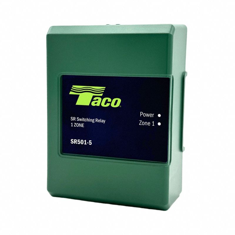 Zone Switching Relay: Switching, 1 Zones, 0 Power Port Slots, 120V AC Primary, 24V Secondary (MPN SR501-5). Key specifications — Brand: TACO; Current Ratings @ Voltages: FLA: 12 A @ 120V AC; Number of Zones: 1.