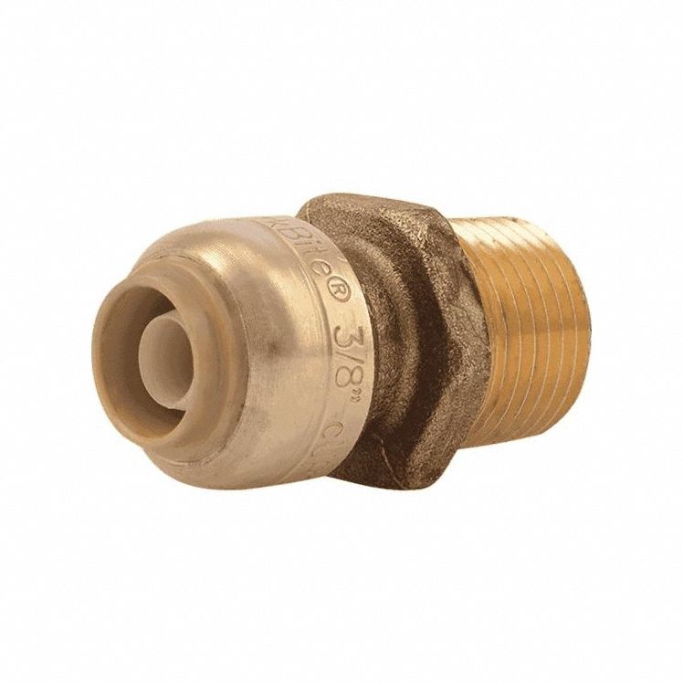 Push-Fit Adapter Fitting: 3/8 in Pipe x 1/2 in Pipe Size, Push-to-Connect x MNPT, Brass