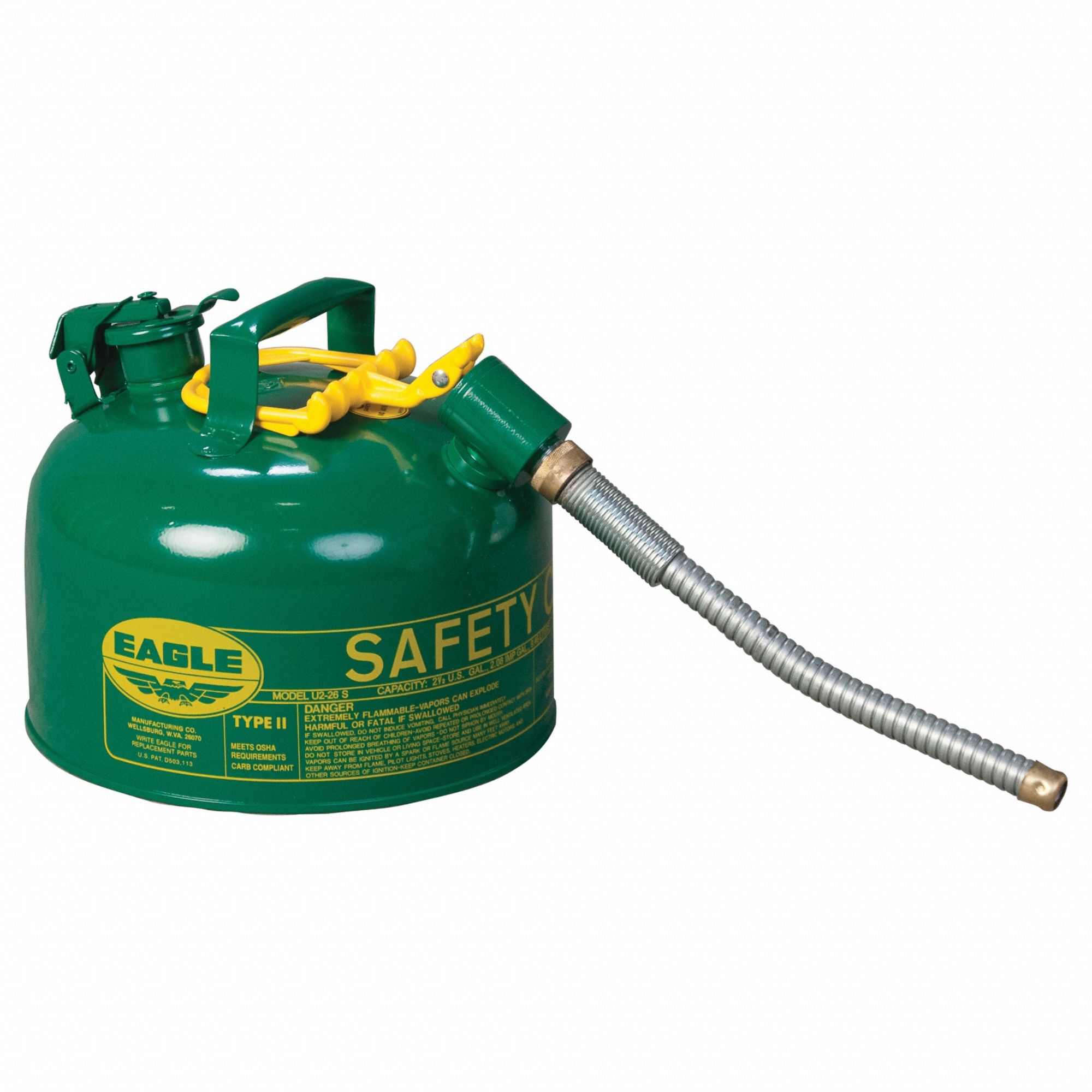 Type II Safety Can: For Use With Oil, 2 1/2 gal Capacity, Includes 5/8 in OD Hose, Green