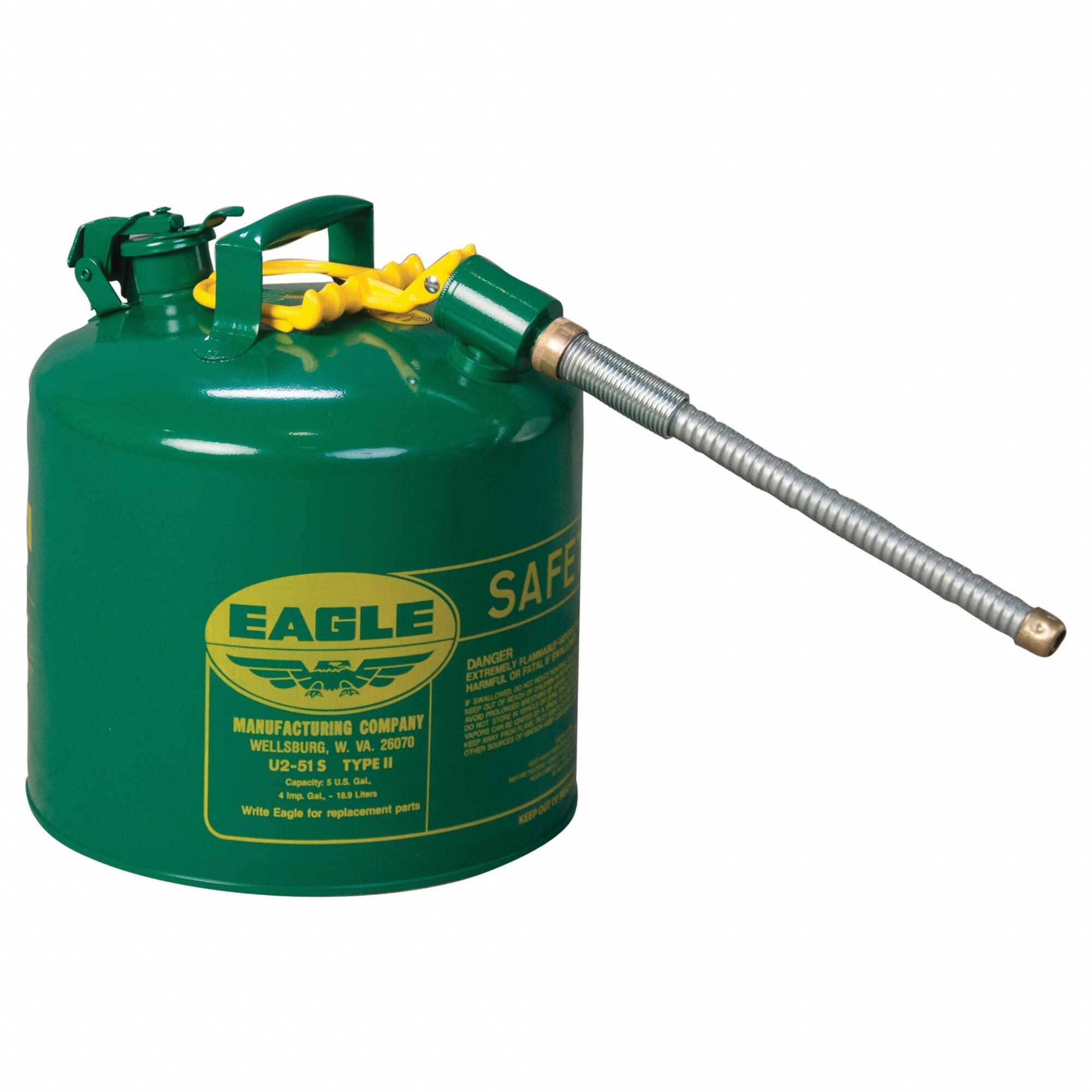 Type II Safety Can: For Use With Oil, 5 gal Capacity, Includes 7/8 in OD Hose, Green