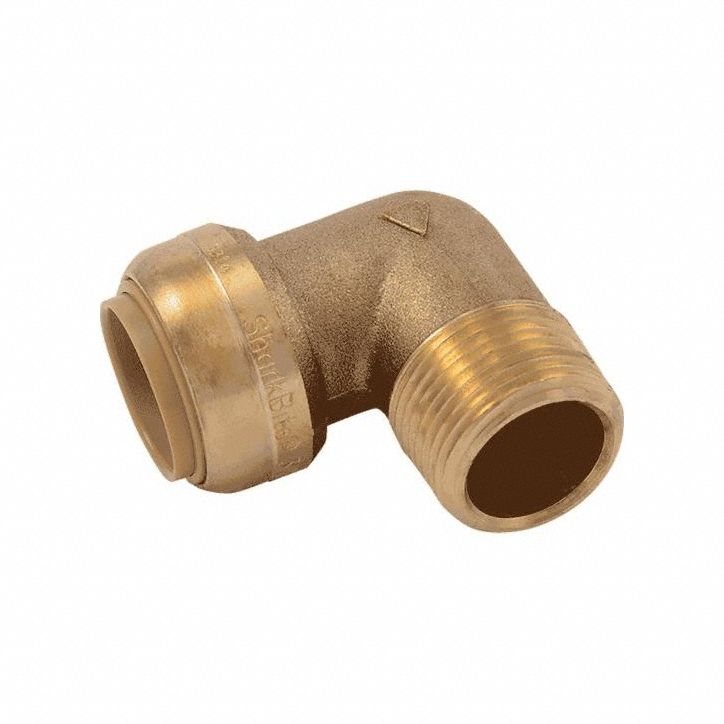 Push-Fit Elbow Fitting: 3/4 in Pipe x 3/4 in Pipe Size, Push-to-Connect x MNPT, Brass