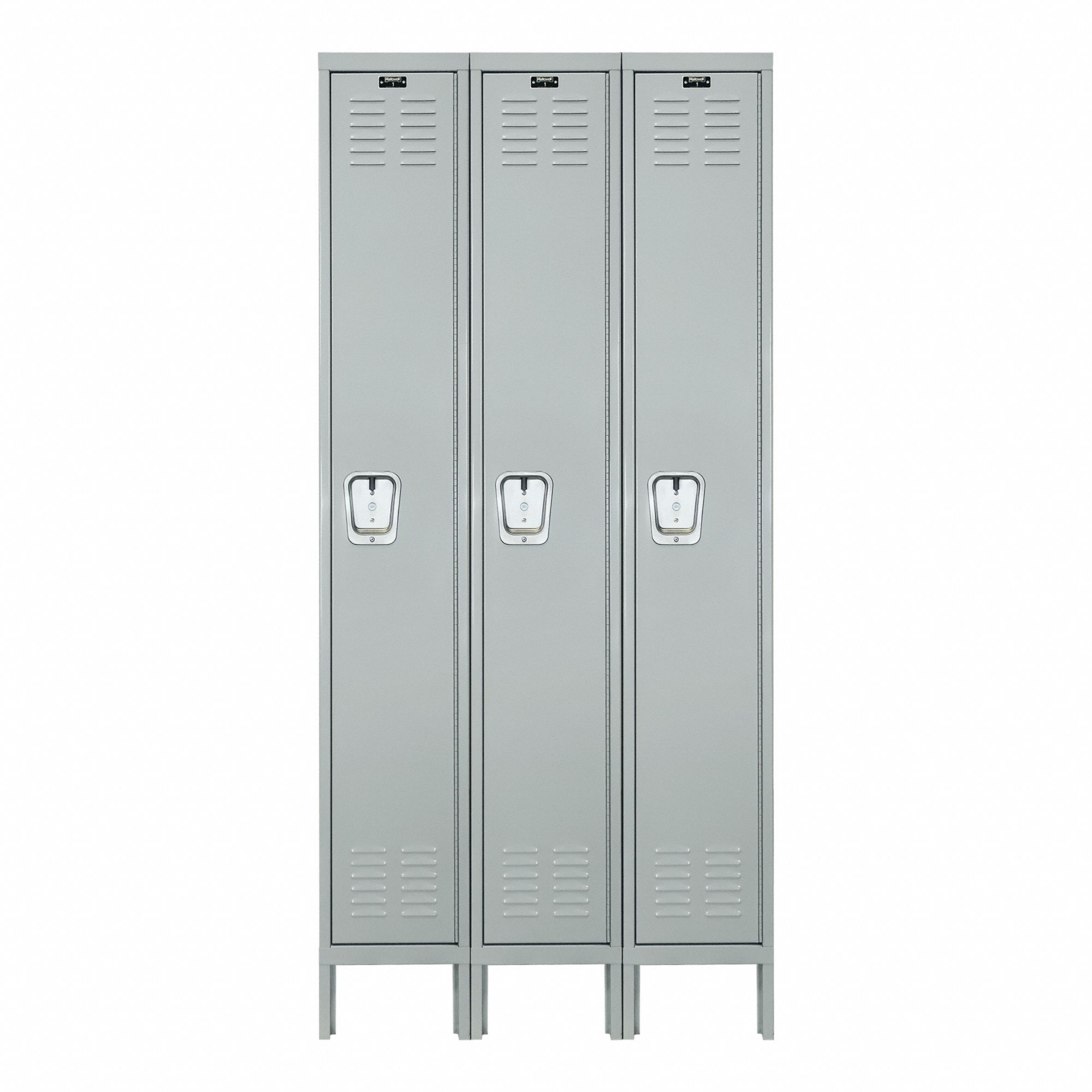 Locker: 12 in x 18 in x 78 in, Louvered, 1 Tiers, 3 Units Wide, Combo/Padlock, Gray, Steel