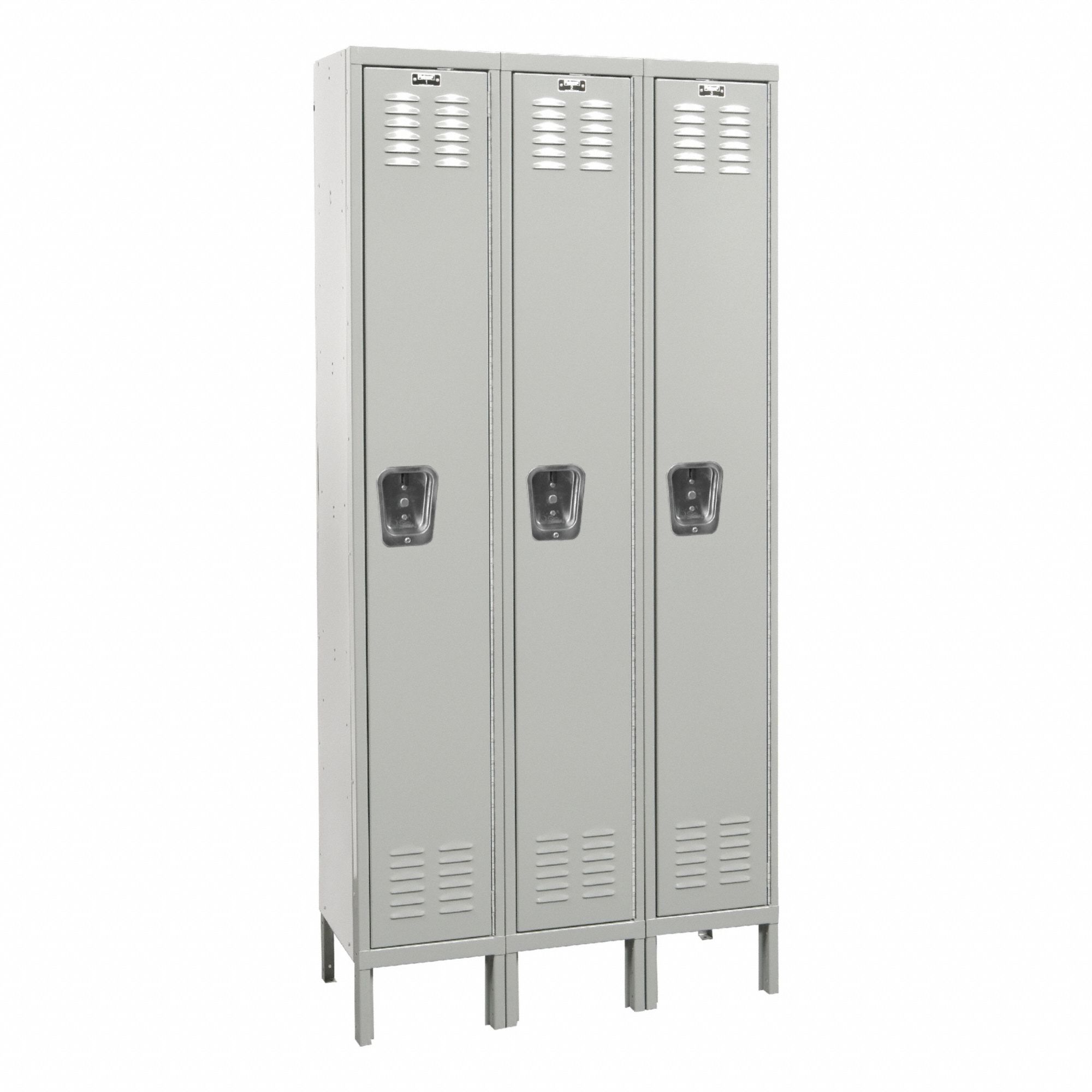 Locker: 12 in x 12 in x 78 in, Louvered, 1 Tiers, 3 Units Wide, Combo/Padlock, Gray, Steel