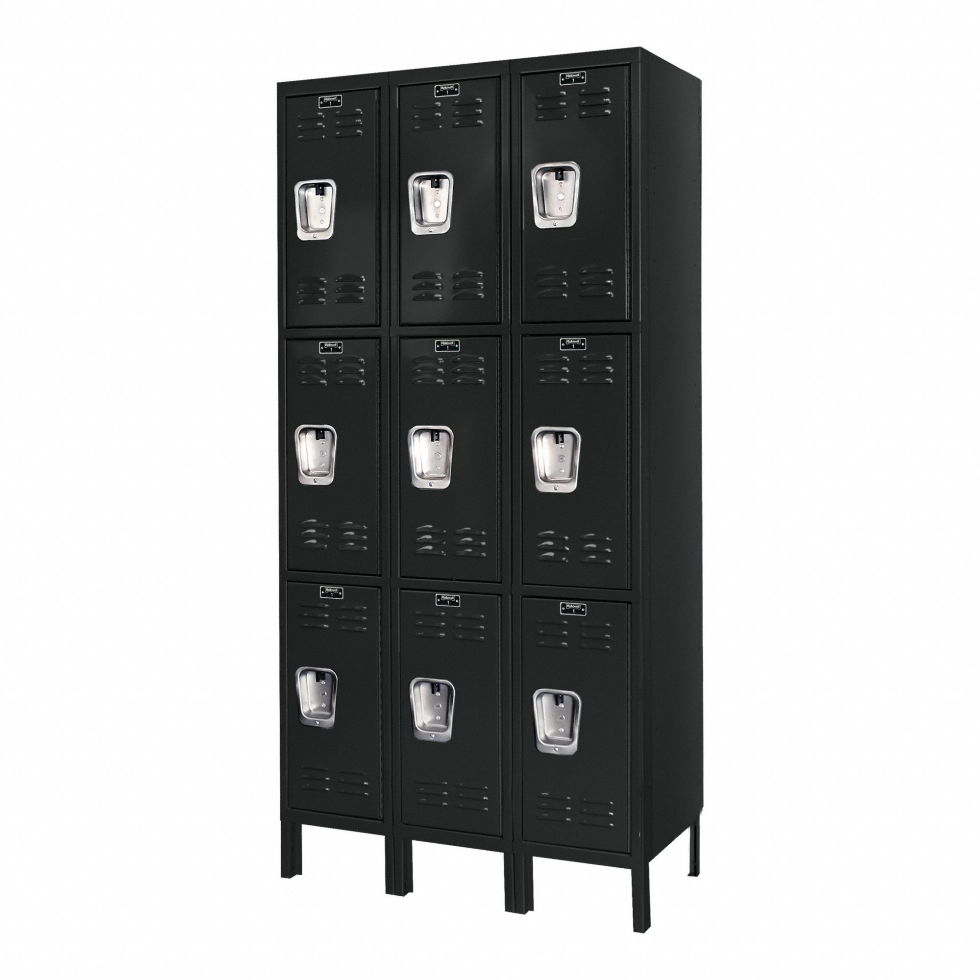 Locker: 12 in x 15 in x 78 in, Louvered, 3 Tiers, 3 Units Wide, Combo/Padlock, Black