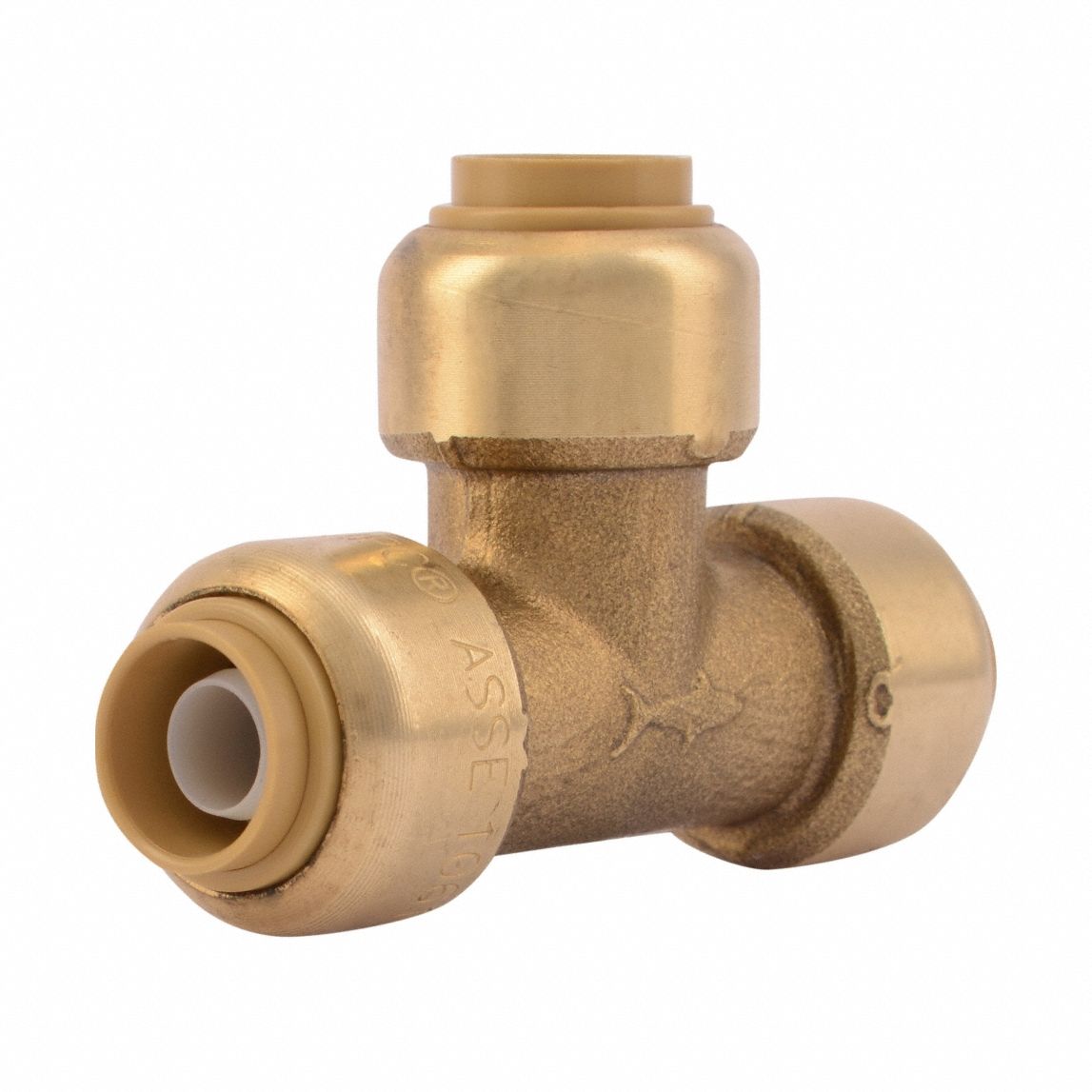 Push-Fit Tee Fitting: 1/2 in OD x 3/8 in OD x 3/8 in OD Size, Brass, Coupling, Swivel
