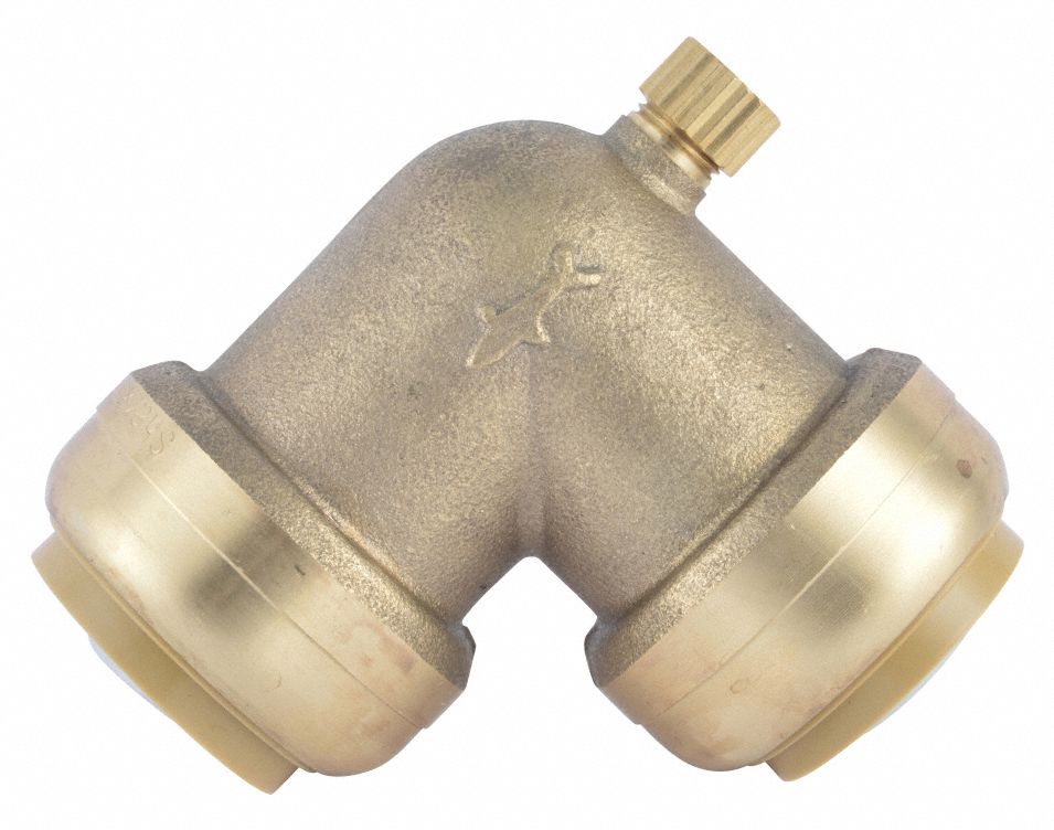 Push-Fit Elbow Fitting: 1 in OD x 1 in OD Size, Push-to-Connect x Push-to-Connect, Brass