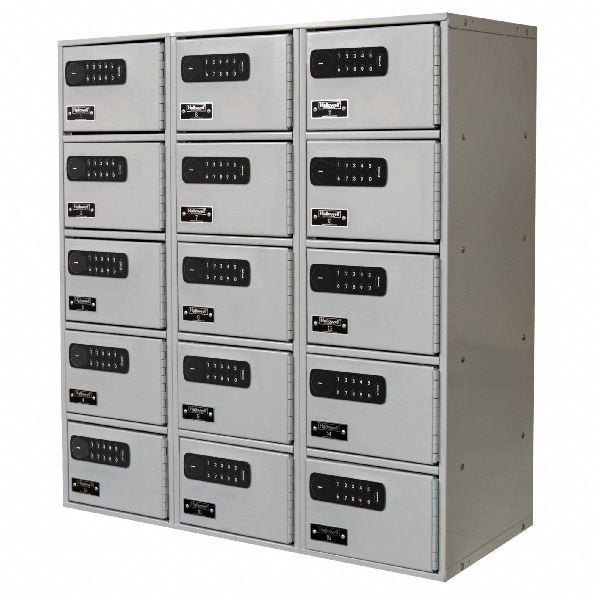Cell Phone Locker: 27 in x 12 in x 30 1/2 in, 5 Tiers, 3 Units Wide, 15 Lockers, Steel