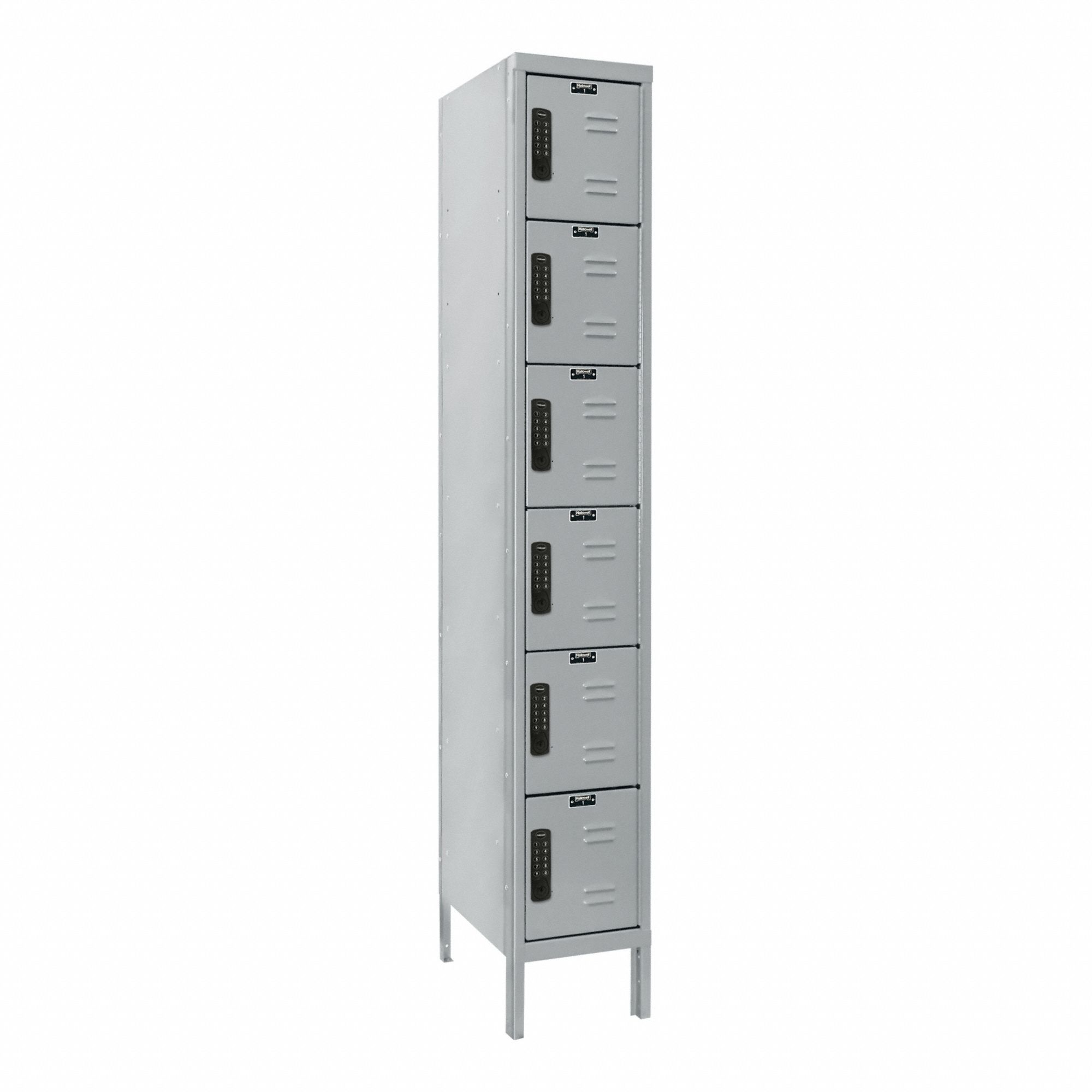 Locker: 12 in x 12 in x 78 in, 6 Tiers, 1 Units Wide, Louvered, 8-Digit Code/Key, Gray