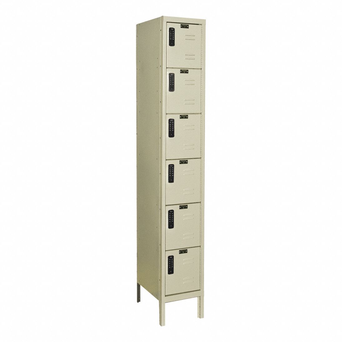 Box Locker: 12 in x 12 in x 78 in, 6 Tiers, 1 Units Wide, Louvered, Electronic Keypad, Tan