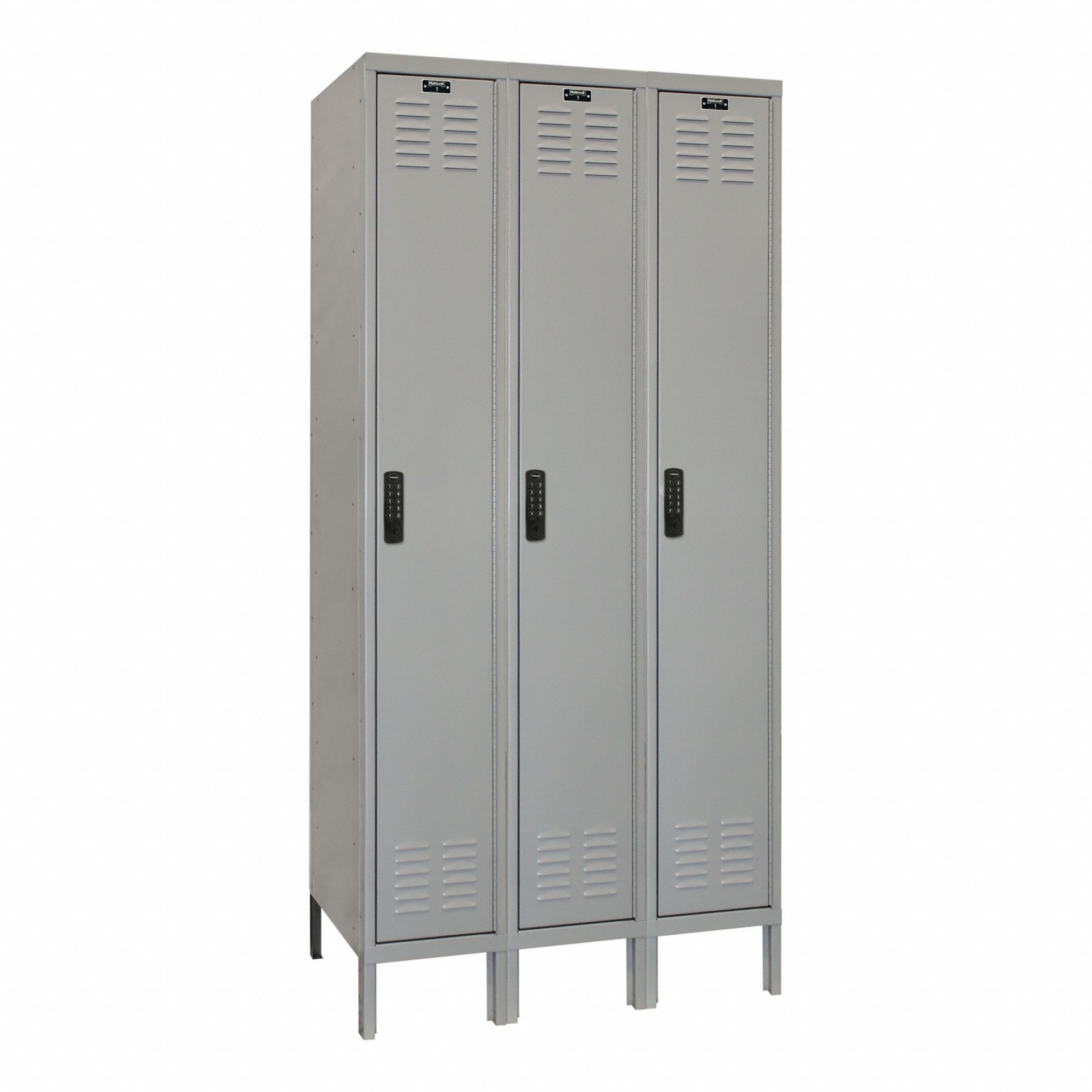 Locker: 12 in x 12 in x 78 in, Louvered, 1 Tiers, 3 Units Wide, 8-Digit Code/Key, Gray