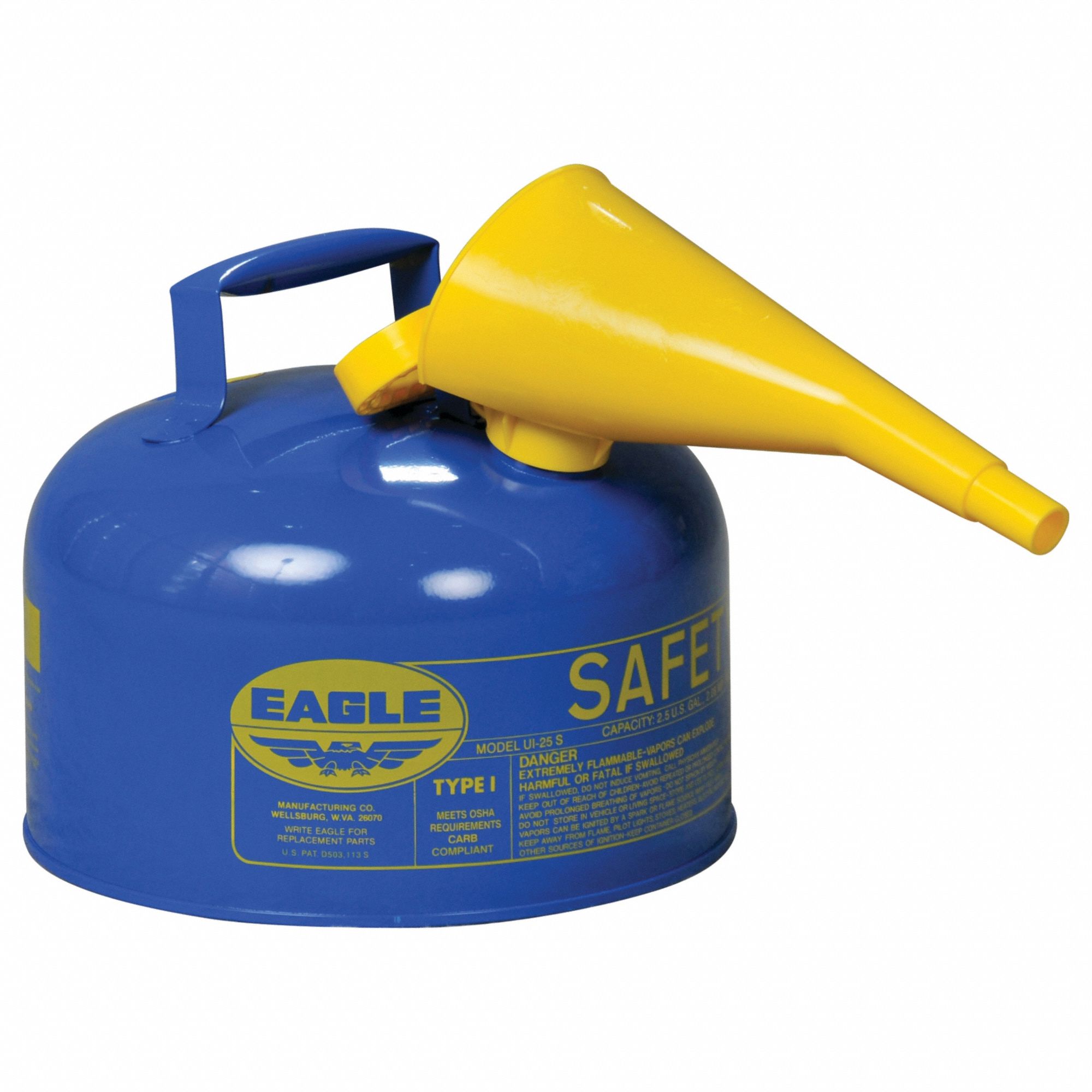 Type I Safety Can: For Use With Kerosene, 2 1/2 gal Capacity, Includes Funnel, Blue