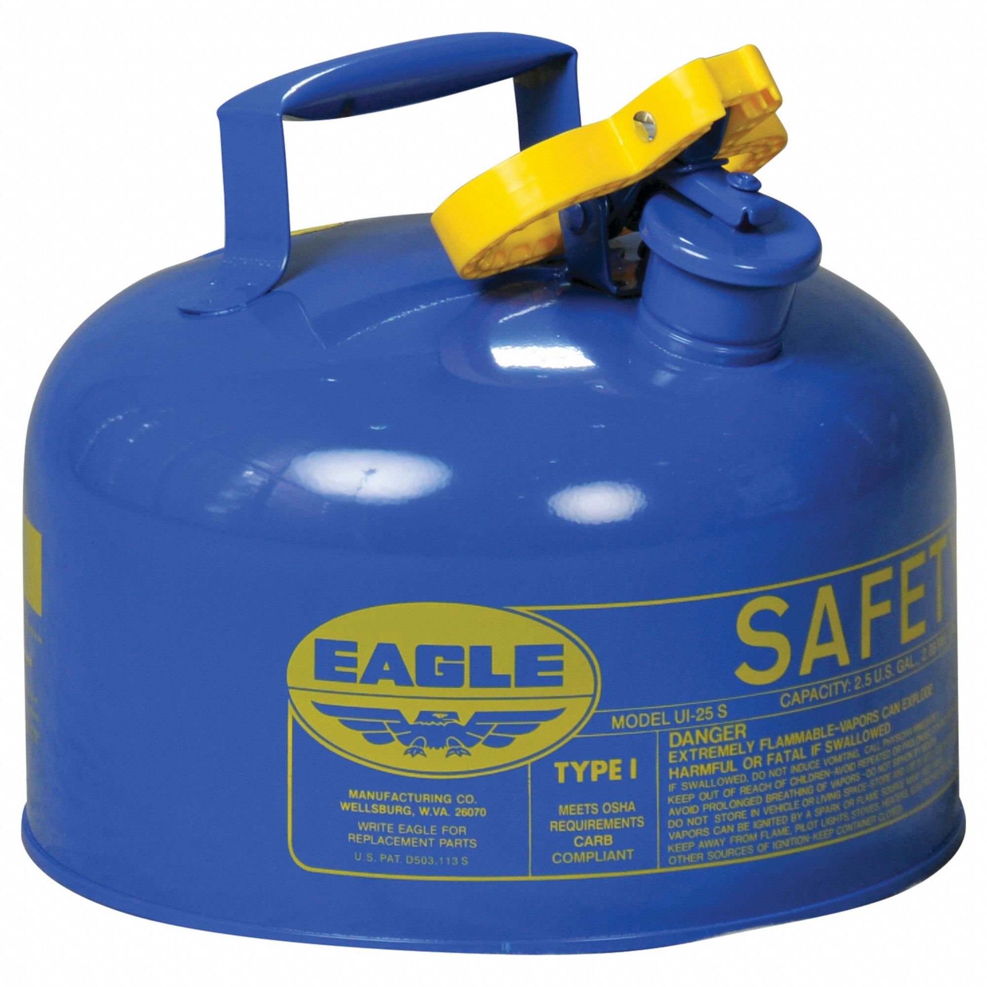 Type I Safety Can: For Use With Kerosene, 2 1/2 gal Capacity, Powder Coated Steel, Blue