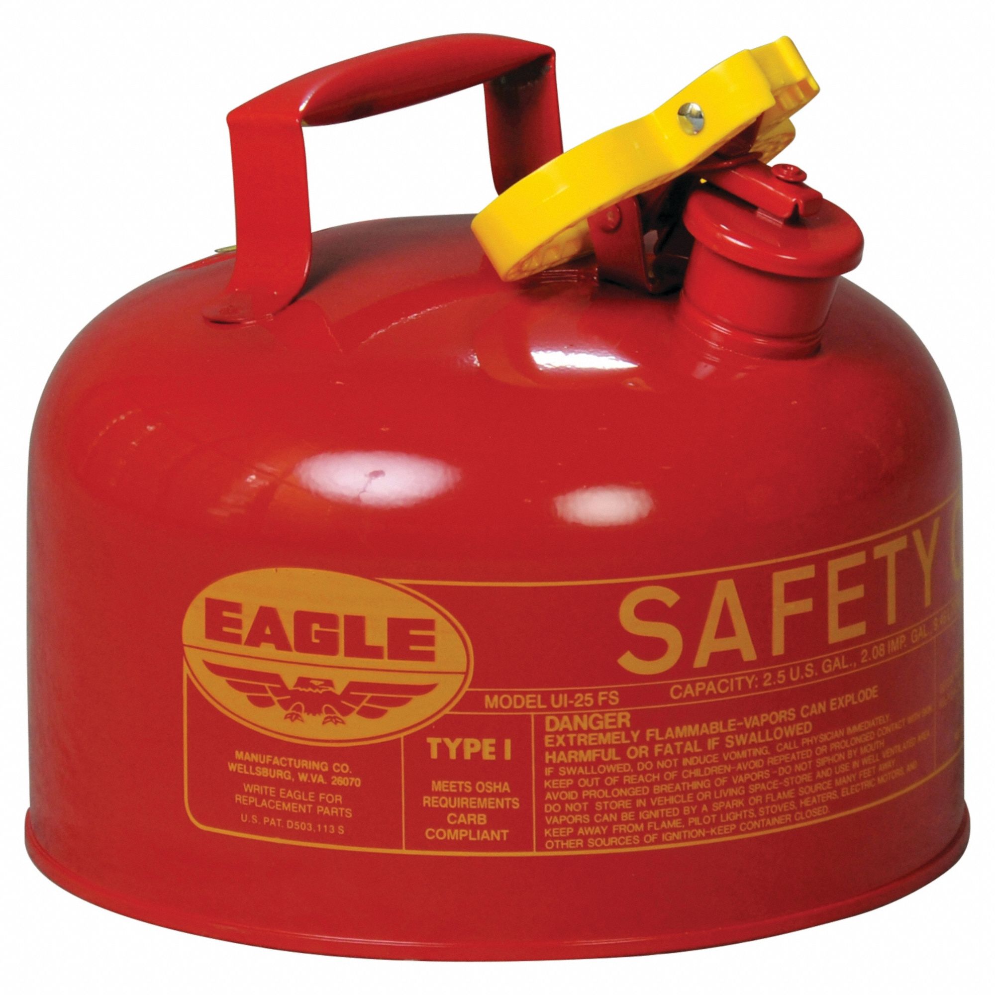 Type I Safety Can: For Use With Flammables, 2 1/2 gal Capacity, Powder Coated Steel, Red