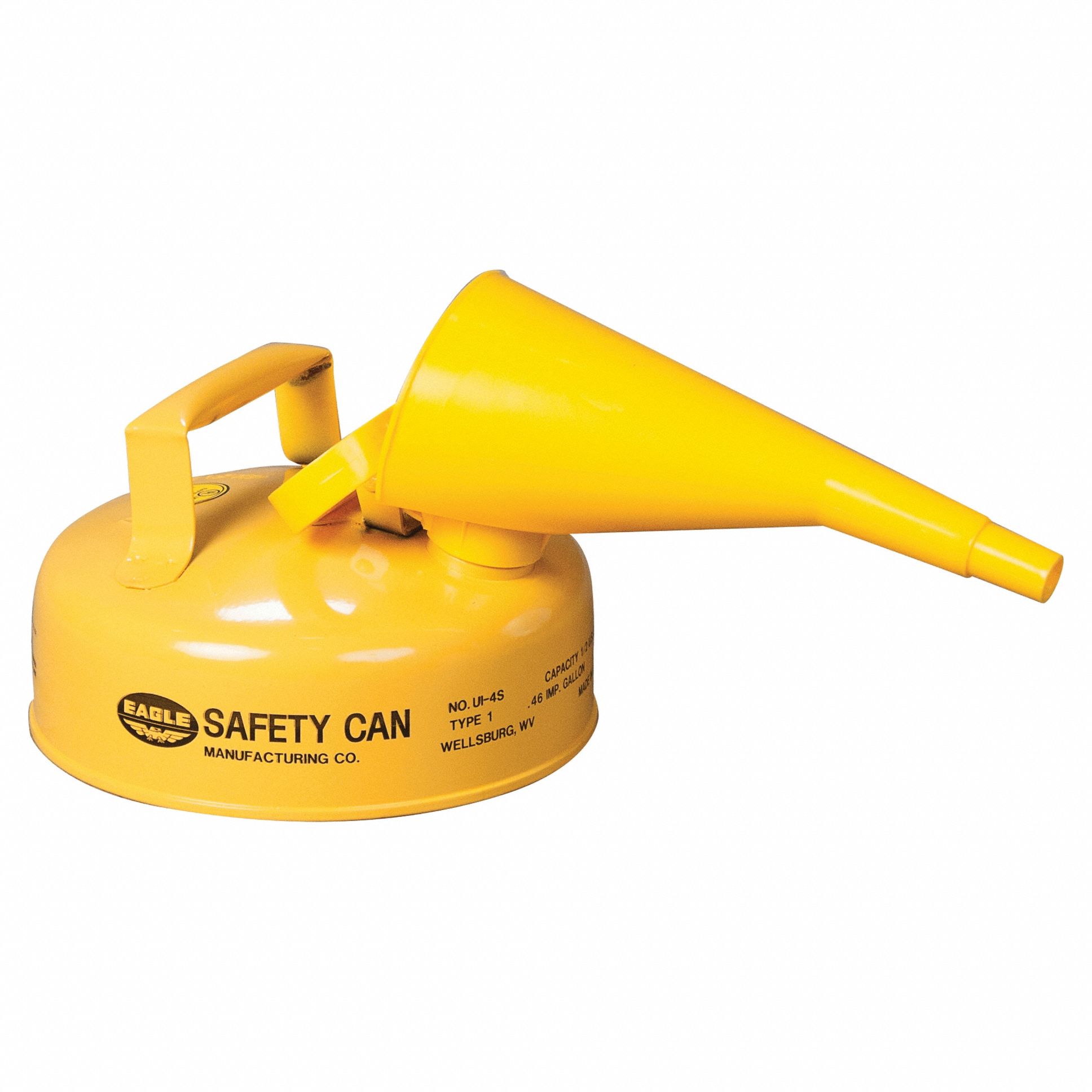 Type I Safety Can: For Use With Diesel, 1/2 gal Capacity, Includes Funnel, Powder Coated Steel