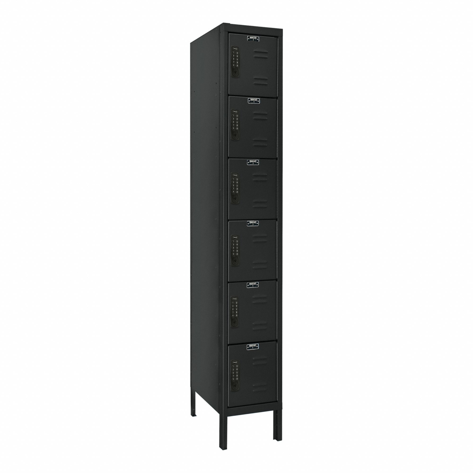 Locker: 12 in x 12 in x 78 in, 6 Tiers, 1 Units Wide, Louvered, 8-Digit Code/Key, Black