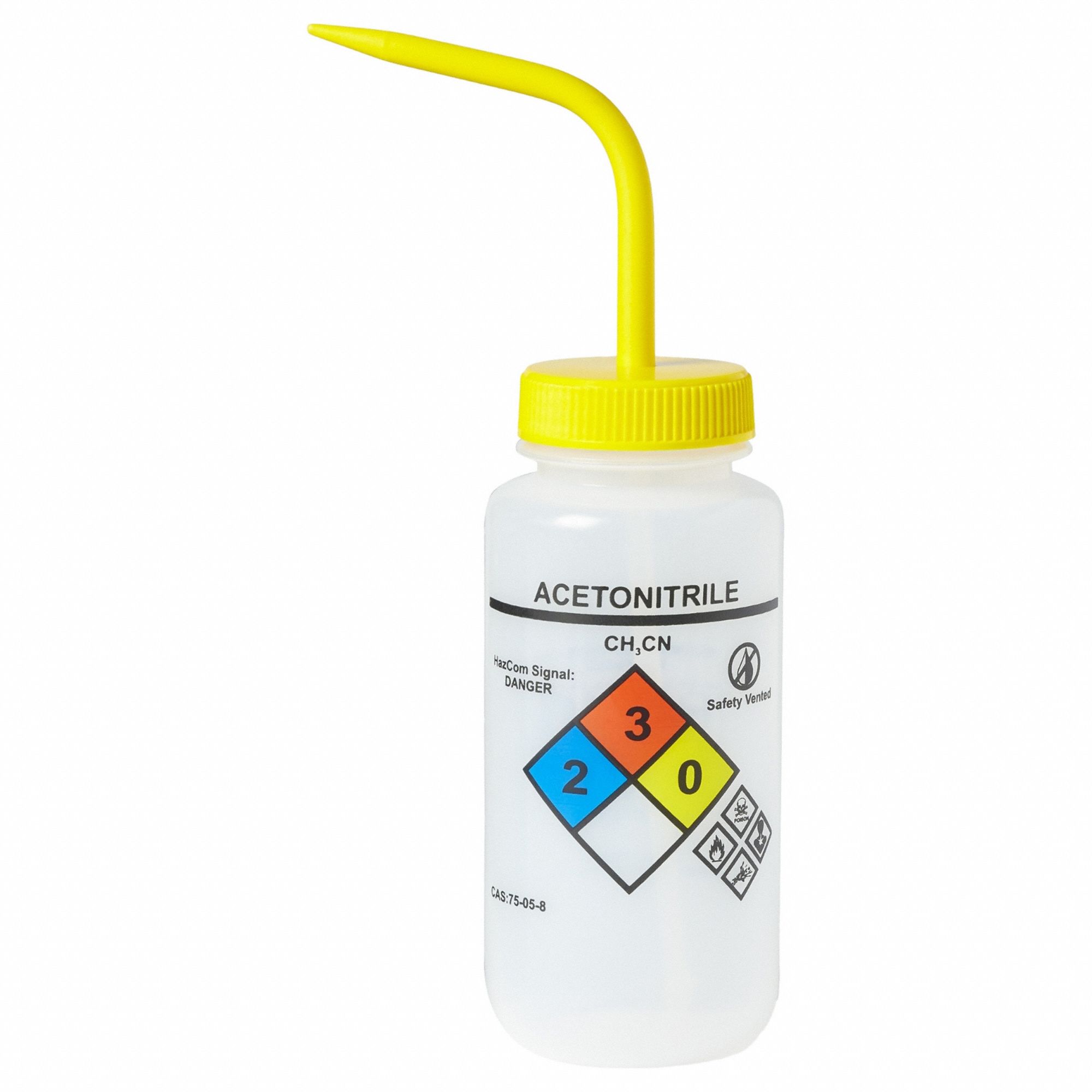Wash Bottle: 16 fl oz Capacity - oz, 500 mL Capacity - mL, Specific Chemicals, Acetonitrile, Vented