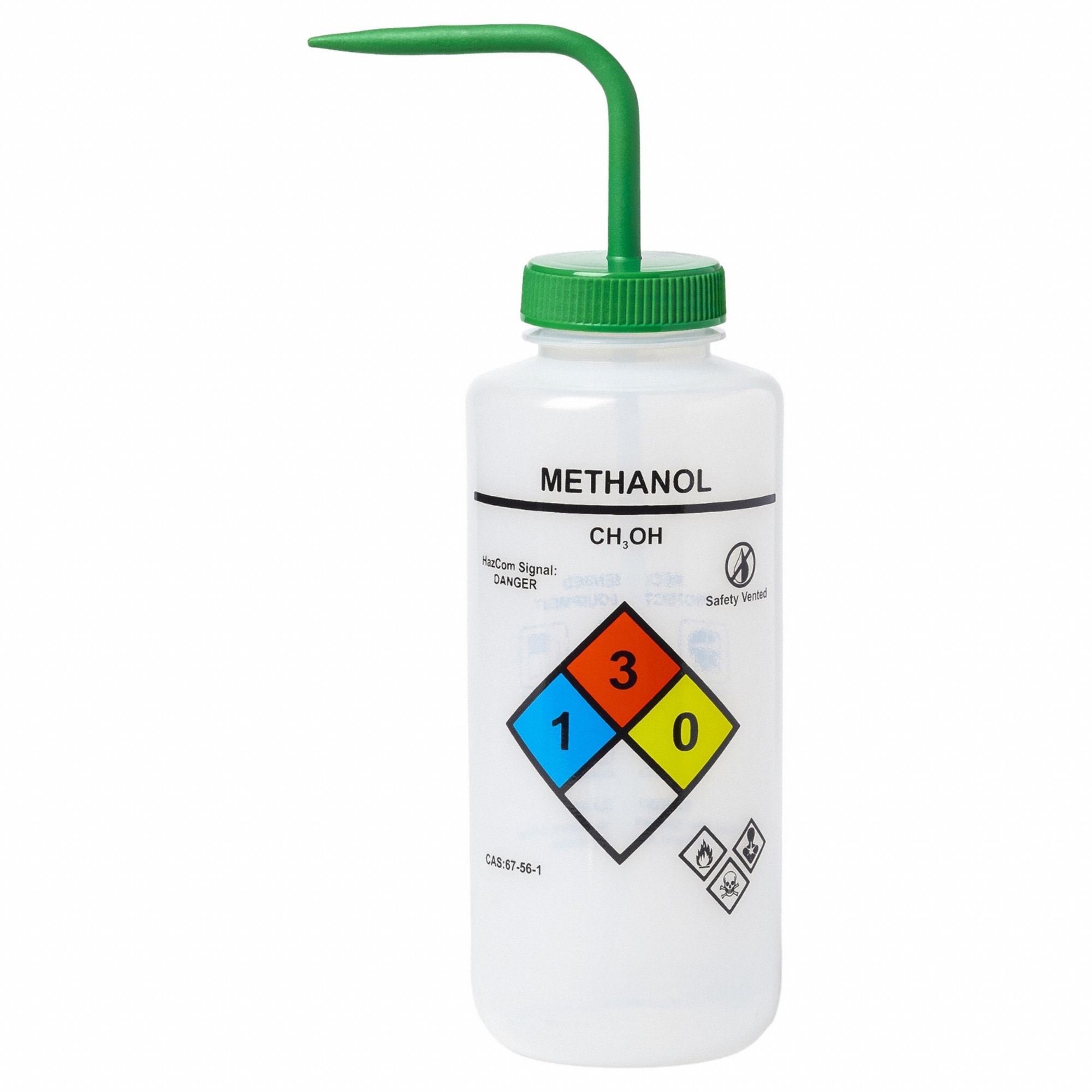 Wash Bottle: 32 fl oz Capacity - oz, 1 L Capacity - mL, Specific Chemicals, Methanol, Vented, Clear