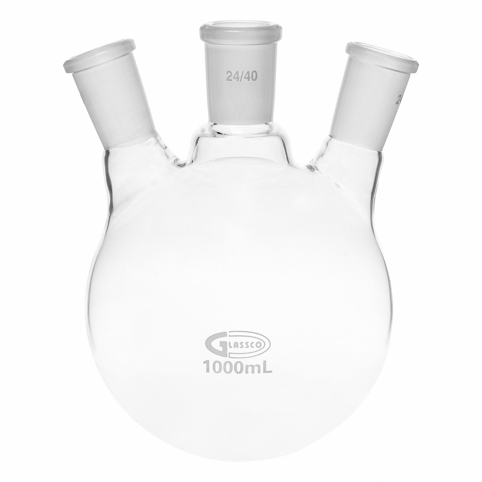 UNITED SCIENTIFIC SUPPLIES INC Glass Flasks: 1,000 mL, Colorless, Round, Includes Closure (MPN UN3NKFK1000). Key specifications — Shape: Round; Body Color: Colorless; Brand: UNITED SCIENTIFIC SUPPLIES INC; Compatible with Stopper Size: 24/40; USP Specification: Type I.