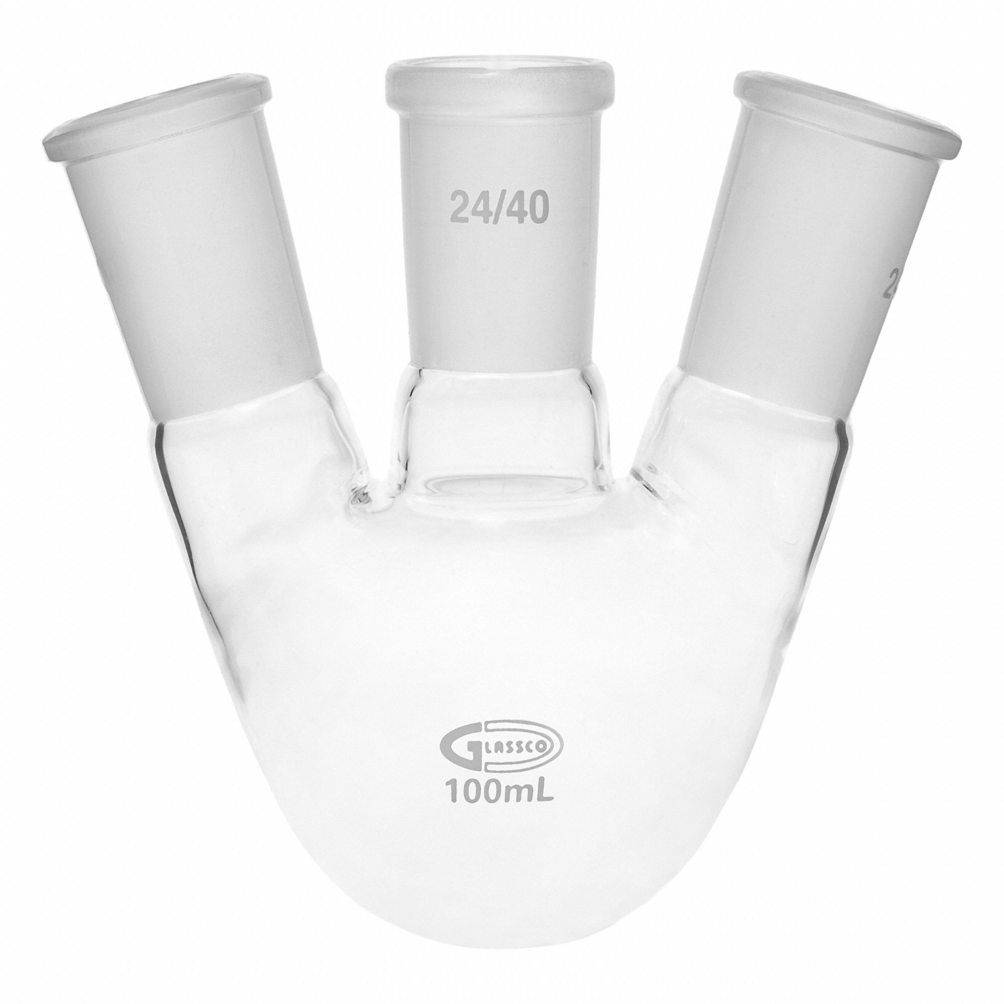 UNITED SCIENTIFIC SUPPLIES INC Glass Flasks: 100 mL, Colorless, Round, Includes Closure (MPN UN3NKFK100). Key specifications — Shape: Round; Body Color: Colorless; Brand: UNITED SCIENTIFIC SUPPLIES INC; Compatible with Stopper Size: 24/40; USP Specification: Type I.