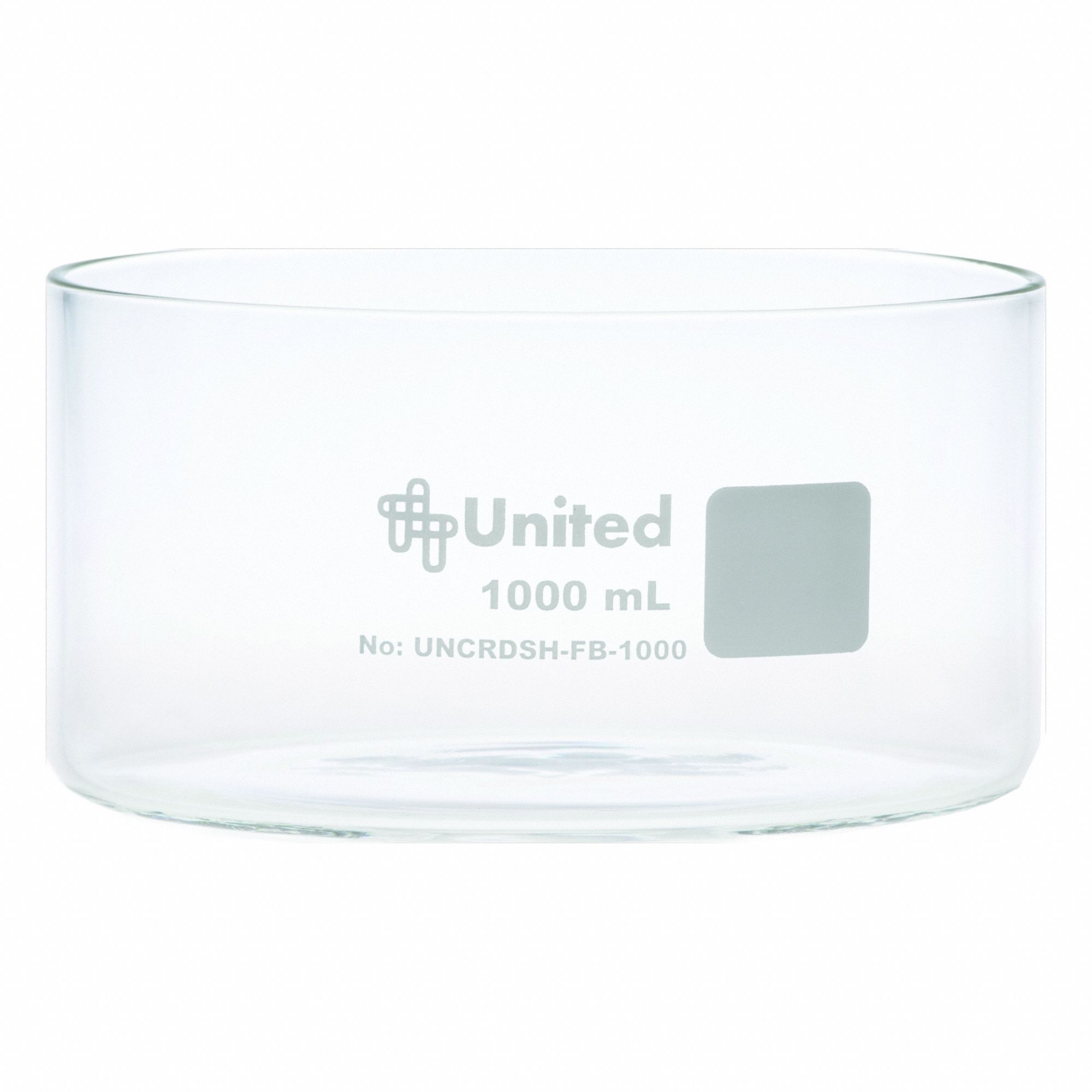 Crystallizing Dish: 150 mm Dia, 75 mm Overall Ht, No Surface Treatment, Borosilicate Glass, Clear (MPN UNCRDSH-FB-1000). Key specifications — Material: Borosilicate Glass; Brand: UNITED SCIENTIFIC SUPPLIES INC; Surface Type: No Surface Treatment.