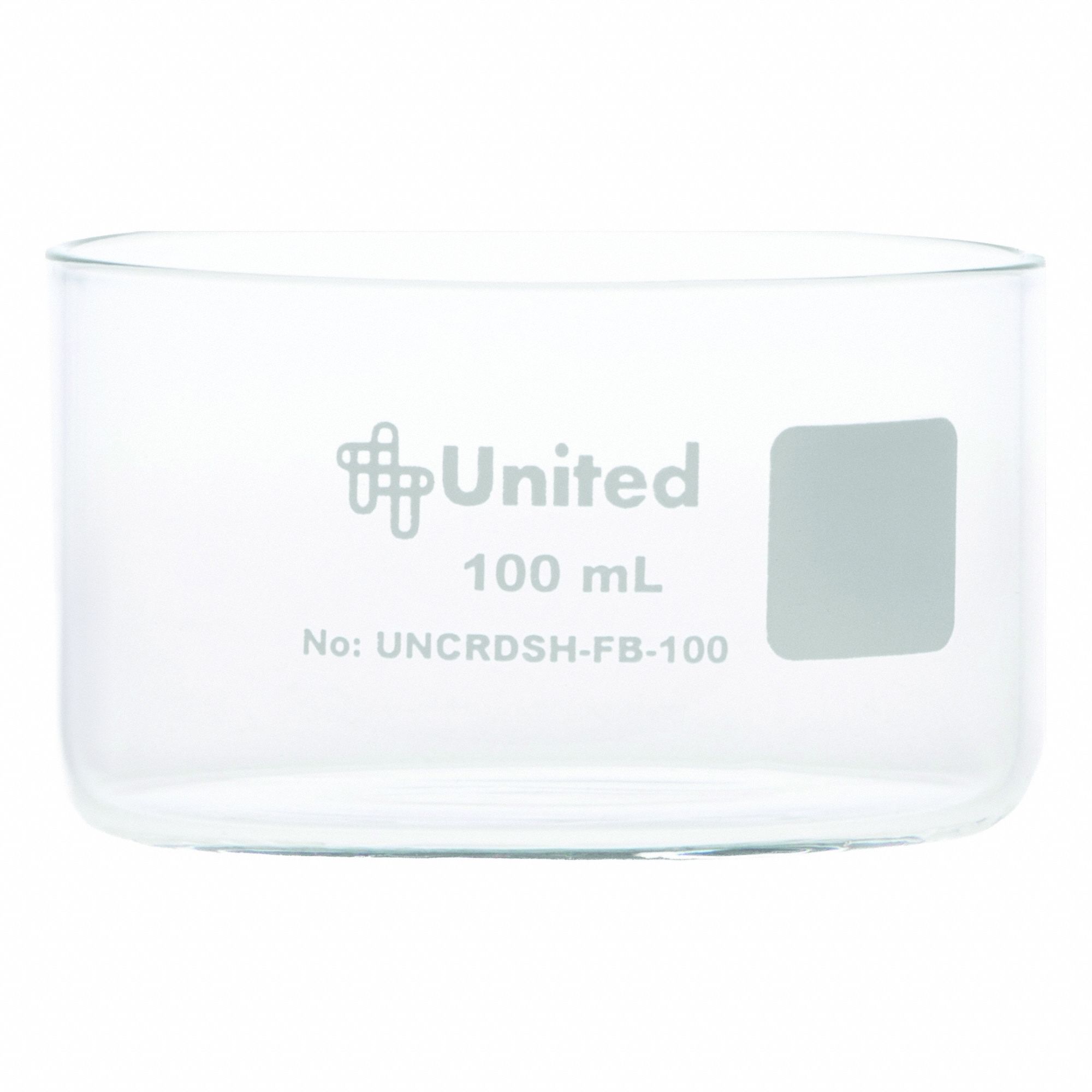 Crystallizing Dish: 70 mm Dia, 40 mm Overall Ht, No Surface Treatment, Borosilicate Glass, Clear (MPN UNCRDSH-FB-100). Key specifications — Material: Borosilicate Glass; Brand: UNITED SCIENTIFIC SUPPLIES INC; Surface Type: No Surface Treatment.