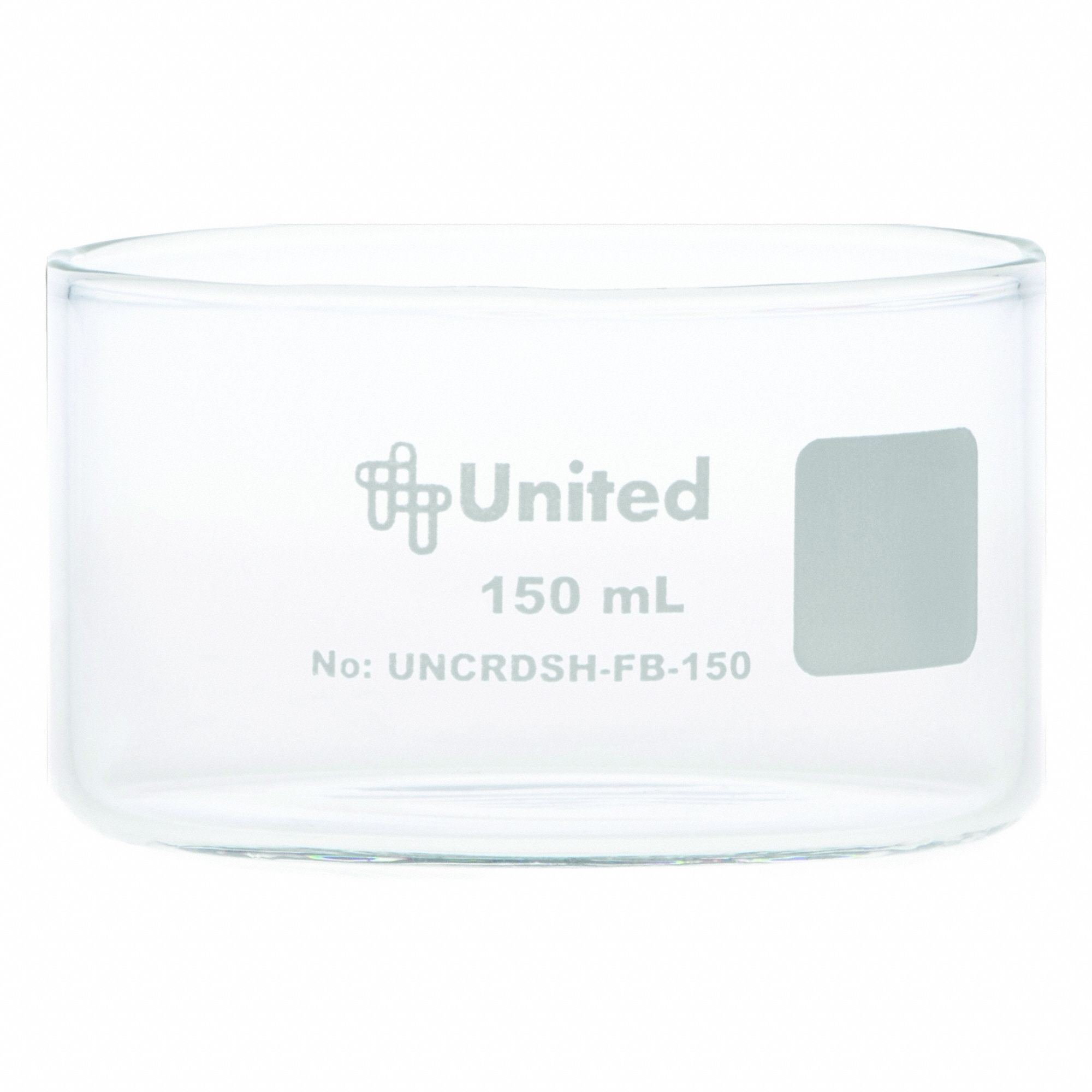 Crystallizing Dish: 80 mm Dia, 45 mm Overall Ht, No Surface Treatment, Borosilicate Glass, Clear (MPN UNCRDSH-FB-150). Key specifications — Material: Borosilicate Glass; Brand: UNITED SCIENTIFIC SUPPLIES INC; Surface Type: No Surface Treatment.