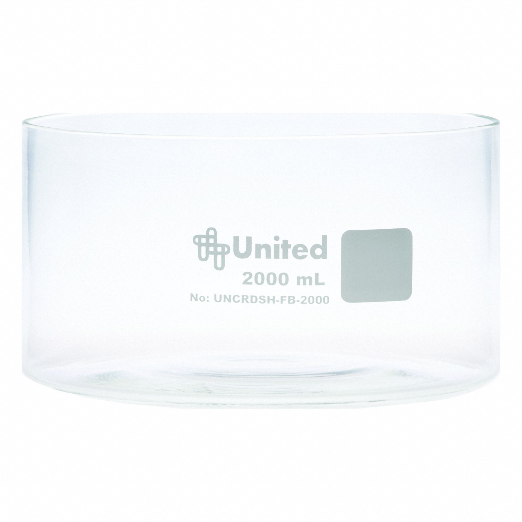 Crystallizing Dish: 190 mm Dia, 100 mm Overall Ht, No Surface Treatment, Borosilicate Glass, Clear (MPN UNCRDSH-FB-2000). Key specifications — Material: Borosilicate Glass; Brand: UNITED SCIENTIFIC SUPPLIES INC; Surface Type: No Surface Treatment.