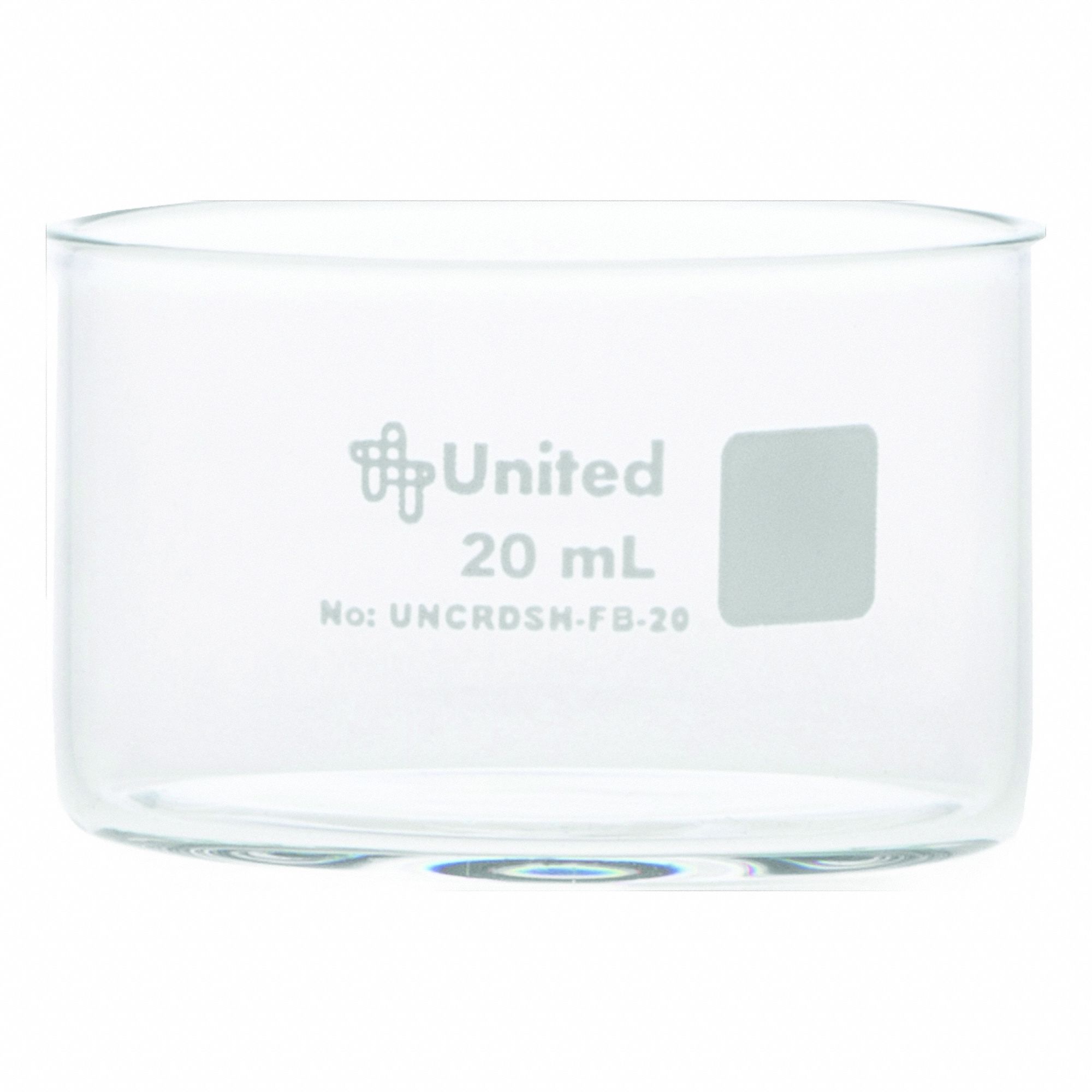 Crystallizing Dish: 40 mm Dia, 25 mm Overall Ht, No Surface Treatment, Borosilicate Glass, Clear (MPN UNCRDSH-FB-20). Key specifications — Material: Borosilicate Glass; Brand: UNITED SCIENTIFIC SUPPLIES INC; Surface Type: No Surface Treatment.