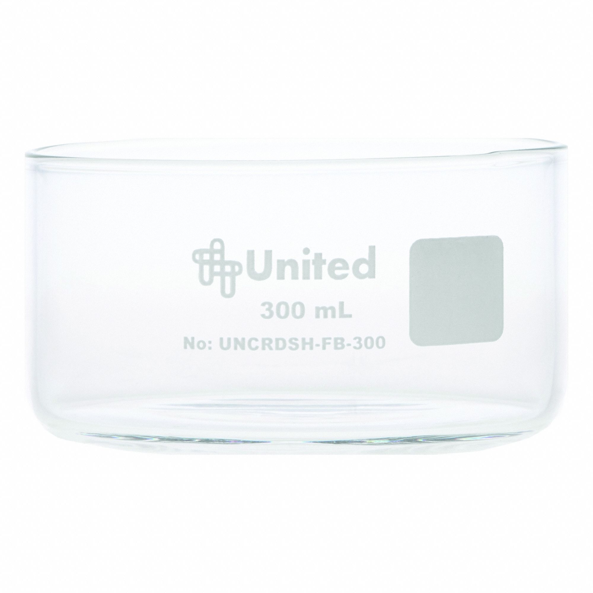 Crystallizing Dish: 100 mm Dia, 50 mm Overall Ht, No Surface Treatment, Borosilicate Glass, Clear (MPN UNCRDSH-FB-300). Key specifications — Material: Borosilicate Glass; Brand: UNITED SCIENTIFIC SUPPLIES INC; Surface Type: No Surface Treatment.