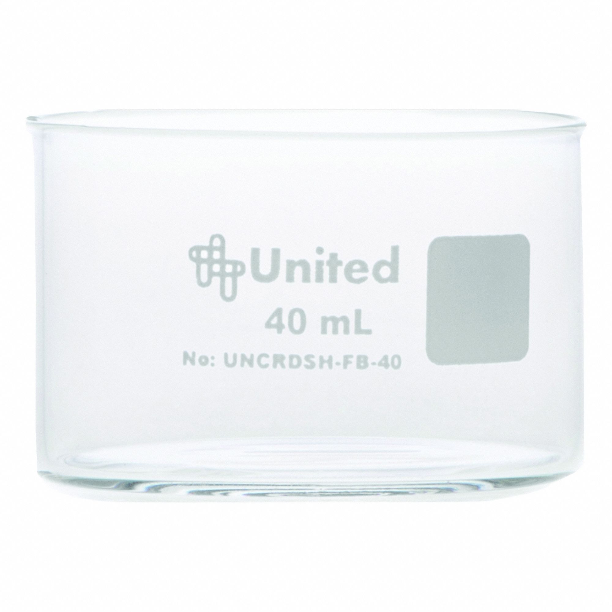 Crystallizing Dish: 50 mm Dia, 30 mm Overall Ht, No Surface Treatment, Borosilicate Glass, Clear (MPN UNCRDSH-FB-40). Key specifications — Material: Borosilicate Glass; Brand: UNITED SCIENTIFIC SUPPLIES INC; Surface Type: No Surface Treatment.