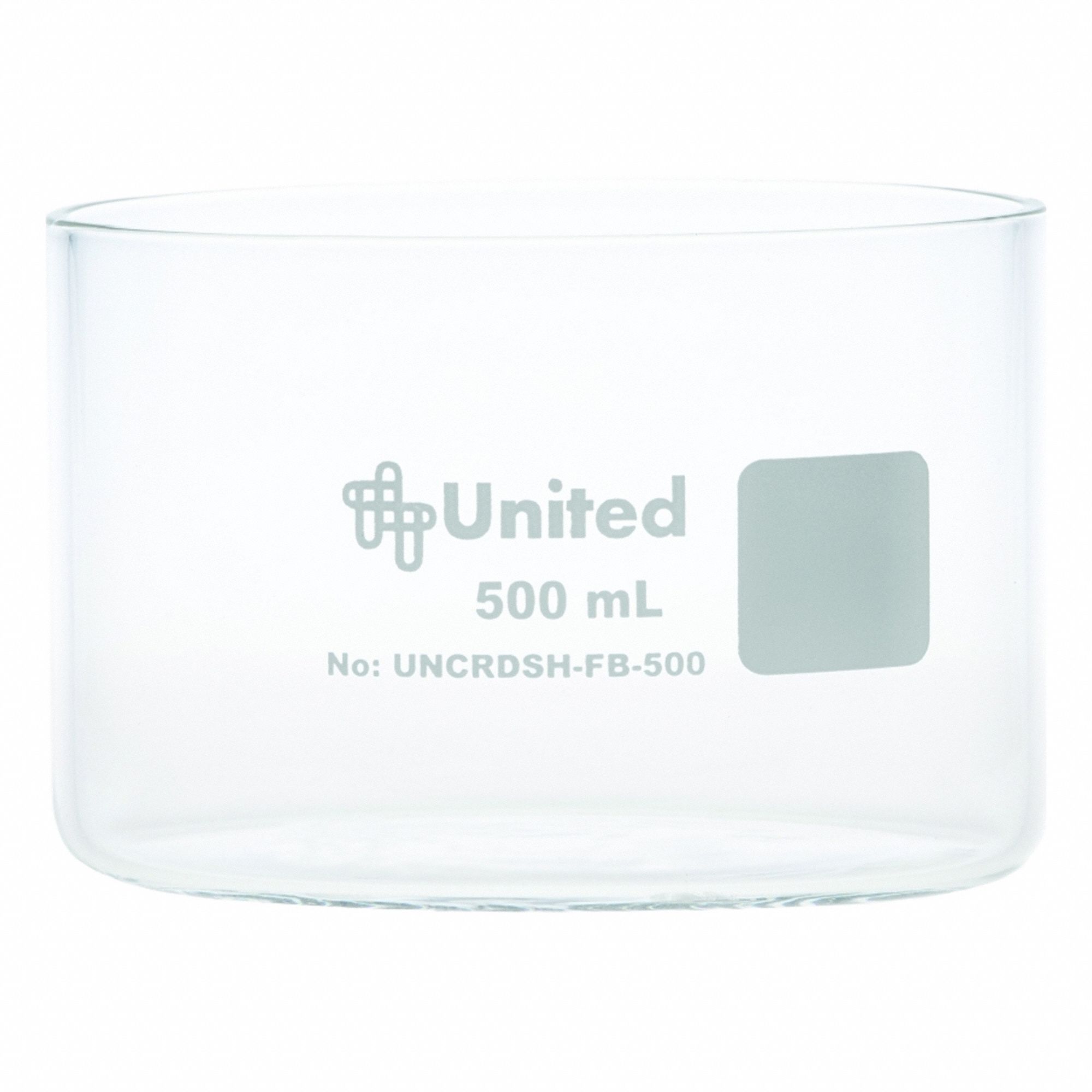 Crystallizing Dish: 110 mm Dia, 70 mm Overall Ht, No Surface Treatment, Borosilicate Glass, Clear (MPN UNCRDSH-FB-500). Key specifications — Material: Borosilicate Glass; Brand: UNITED SCIENTIFIC SUPPLIES INC; Surface Type: No Surface Treatment.