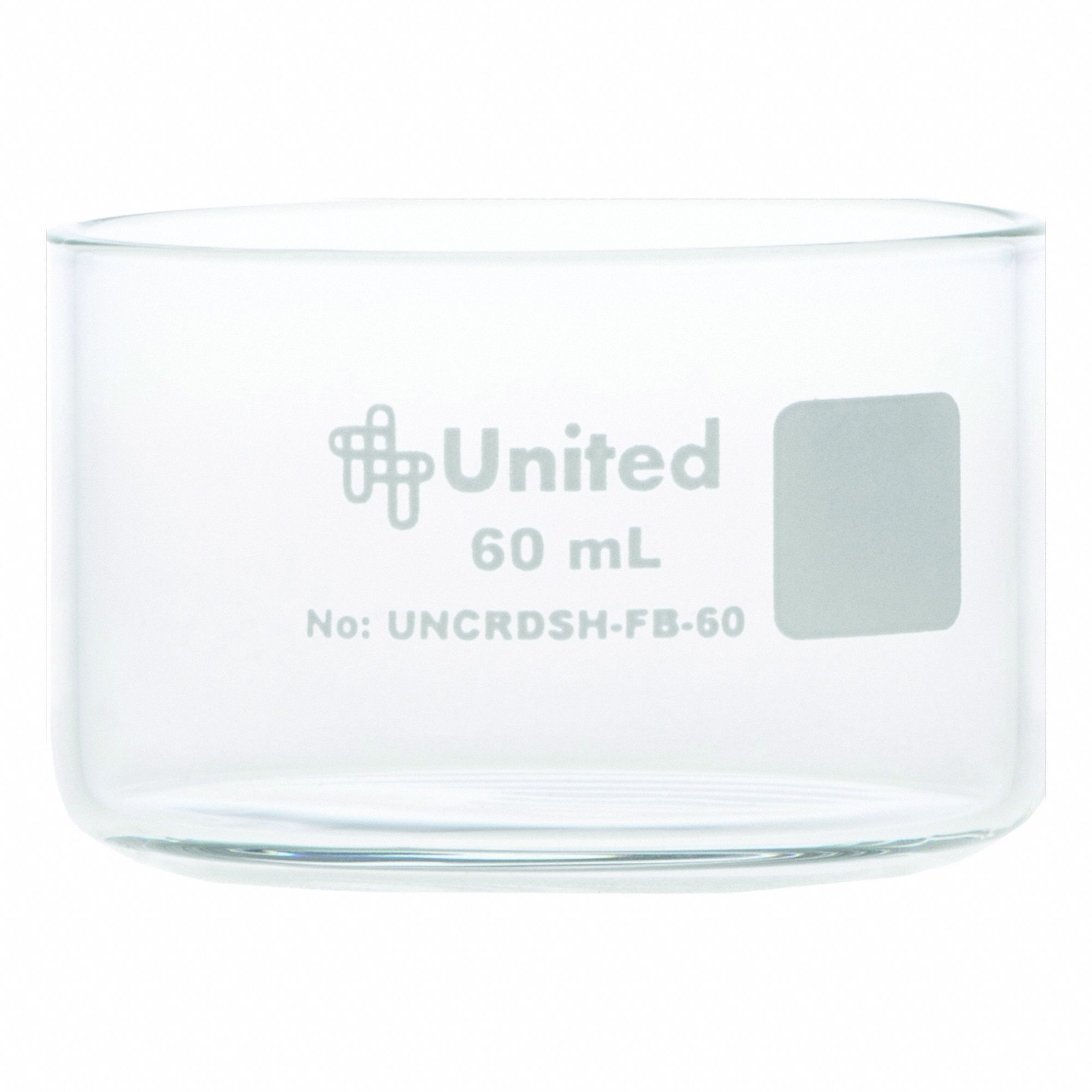 Crystallizing Dish: 60 mm Dia, 35 mm Overall Ht, No Surface Treatment, Borosilicate Glass, Clear (MPN UNCRDSH-FB-60). Key specifications — Material: Borosilicate Glass; Brand: UNITED SCIENTIFIC SUPPLIES INC; Surface Type: No Surface Treatment.