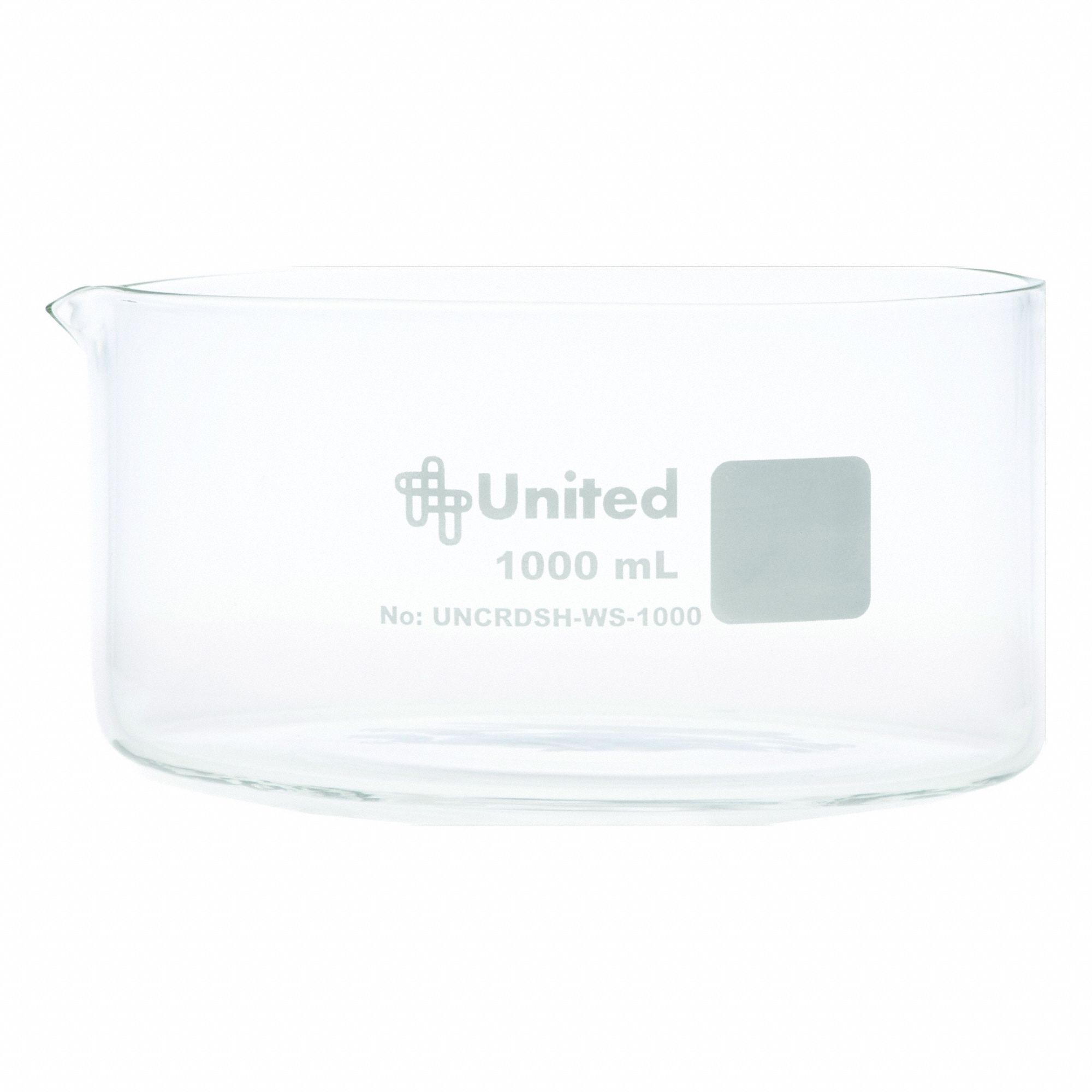 Crystallizing Dish: 150 mm Dia, 75 mm Overall Ht, No Surface Treatment, Spout, Borosilicate Glass (MPN UNCRDSH-WS-1000). Key specifications — Includes: Spout; Material: Borosilicate Glass; Brand: UNITED SCIENTIFIC SUPPLIES INC; Surface Type: No Surface Treatment.