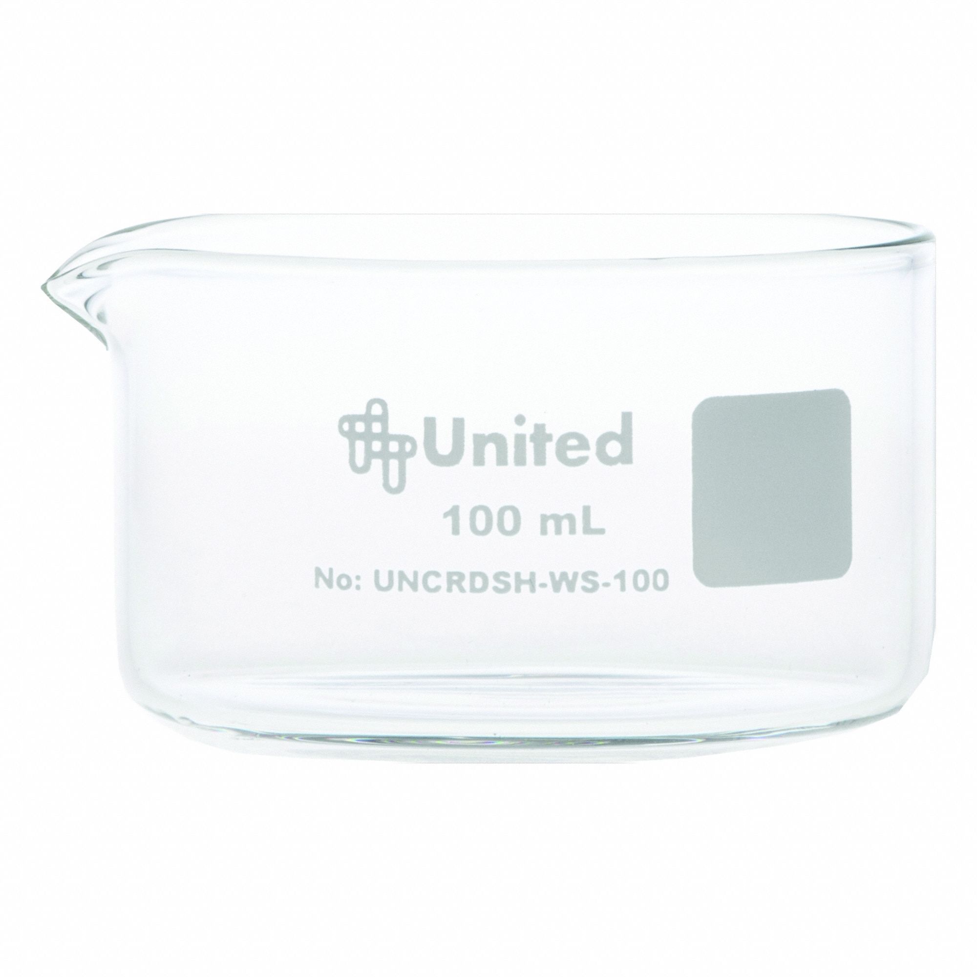 Crystallizing Dish: 70 mm Dia, 40 mm Overall Ht, No Surface Treatment, Spout, Borosilicate Glass (MPN UNCRDSH-WS-100). Key specifications — Includes: Spout; Material: Borosilicate Glass; Brand: UNITED SCIENTIFIC SUPPLIES INC; Surface Type: No Surface Treatment.