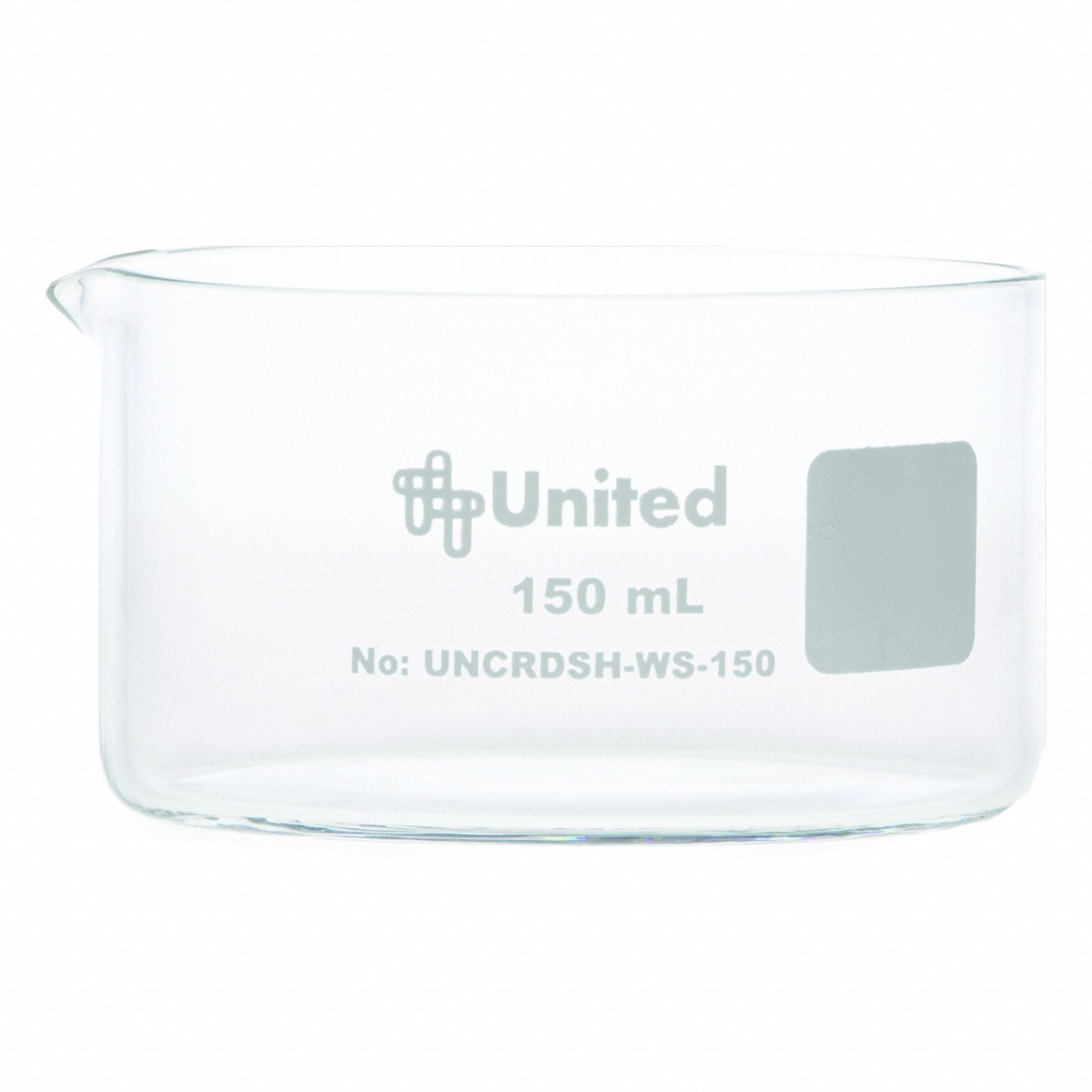 Crystallizing Dish: 80 mm Dia, 45 mm Overall Ht, No Surface Treatment, Spout, Borosilicate Glass (MPN UNCRDSH-WS-150). Key specifications — Includes: Spout; Material: Borosilicate Glass; Brand: UNITED SCIENTIFIC SUPPLIES INC; Surface Type: No Surface Treatment.