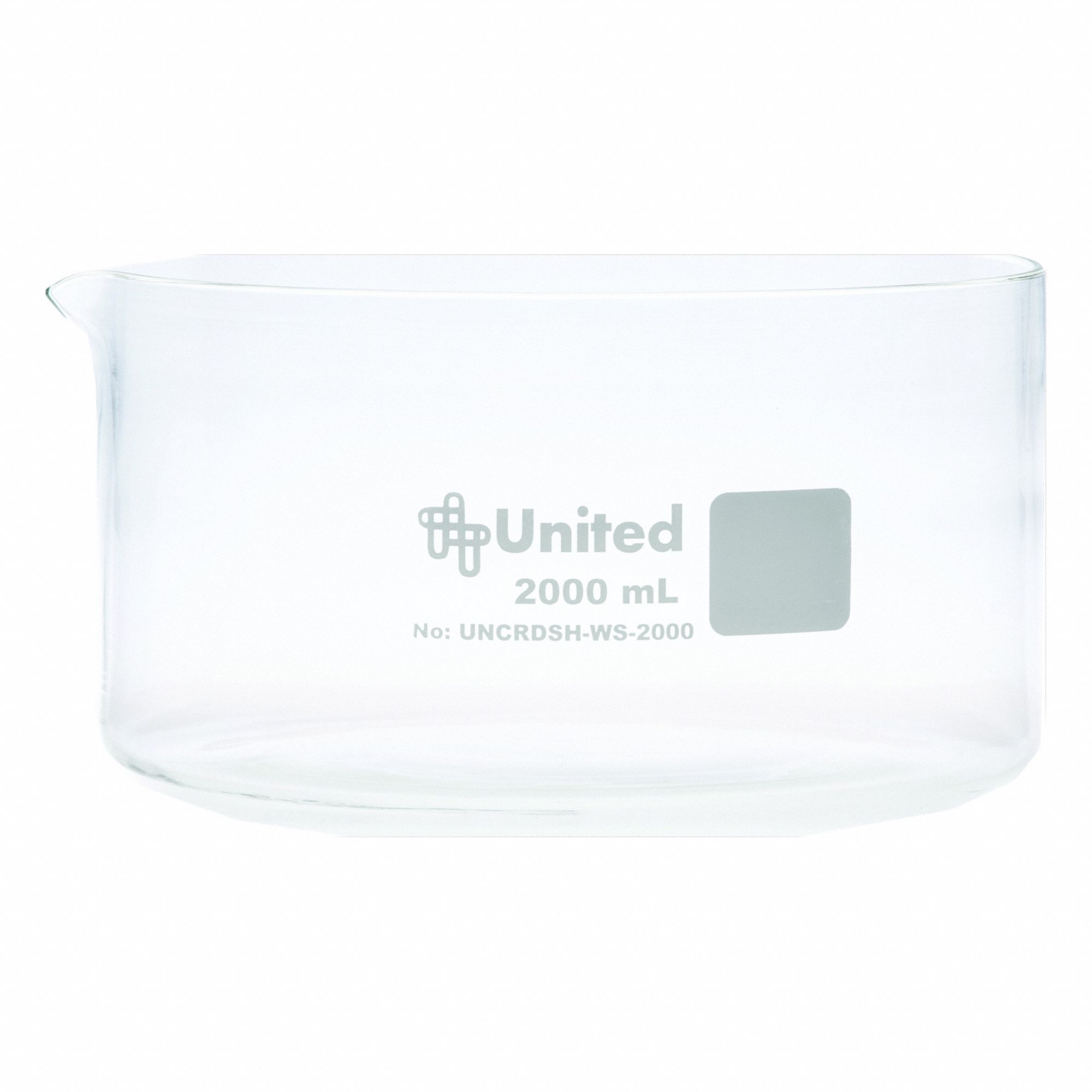 Crystallizing Dish: 190 mm Dia, 100 mm Overall Ht, No Surface Treatment, Spout, Borosilicate Glass (MPN UNCRDSH-WS-2000). Key specifications — Includes: Spout; Material: Borosilicate Glass; Brand: UNITED SCIENTIFIC SUPPLIES INC; Surface Type: No Surface Treatment.
