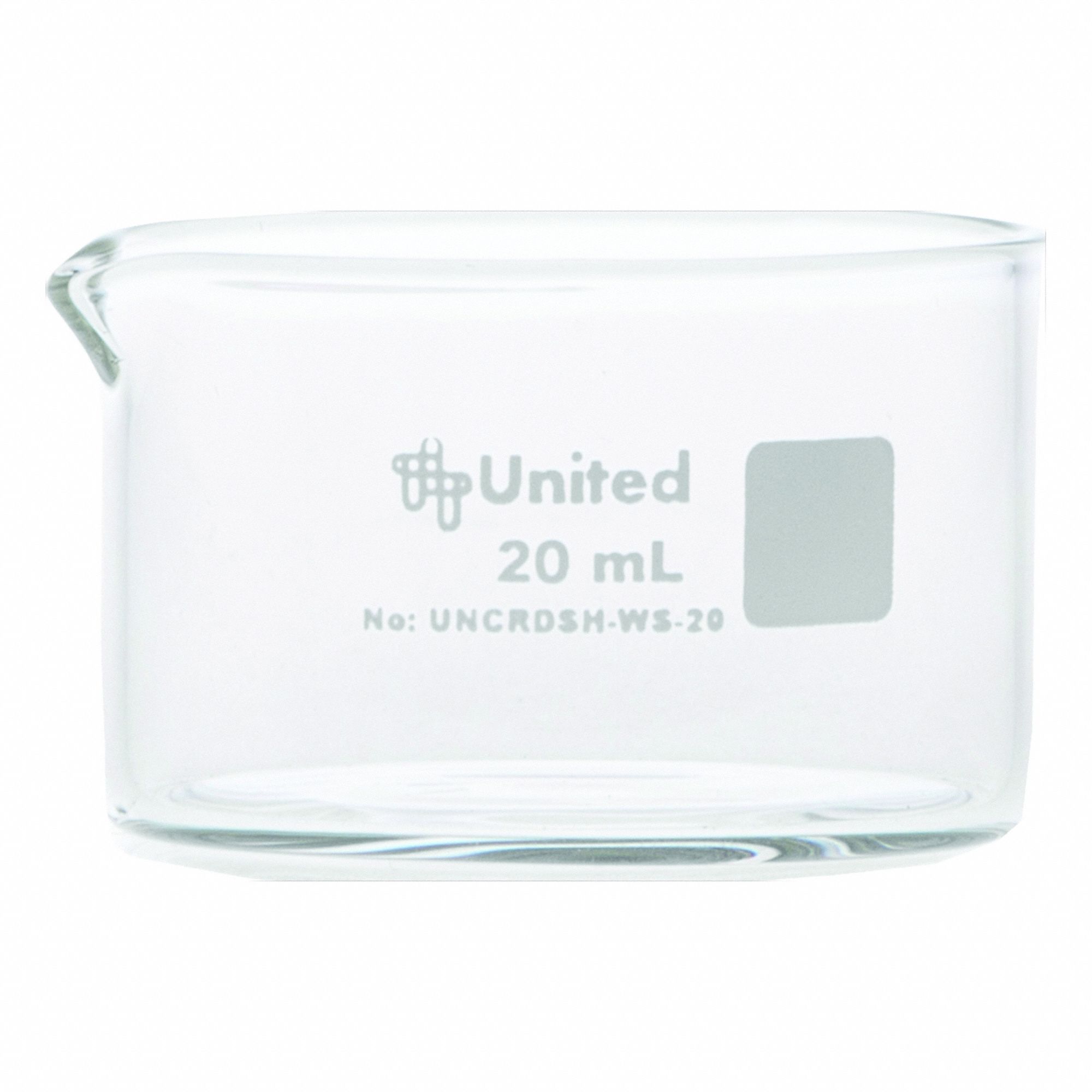 Crystallizing Dish: 40 mm Dia, 25 mm Overall Ht, No Surface Treatment, Spout, Borosilicate Glass (MPN UNCRDSH-WS-20). Key specifications — Includes: Spout; Material: Borosilicate Glass; Brand: UNITED SCIENTIFIC SUPPLIES INC; Surface Type: No Surface Treatment.