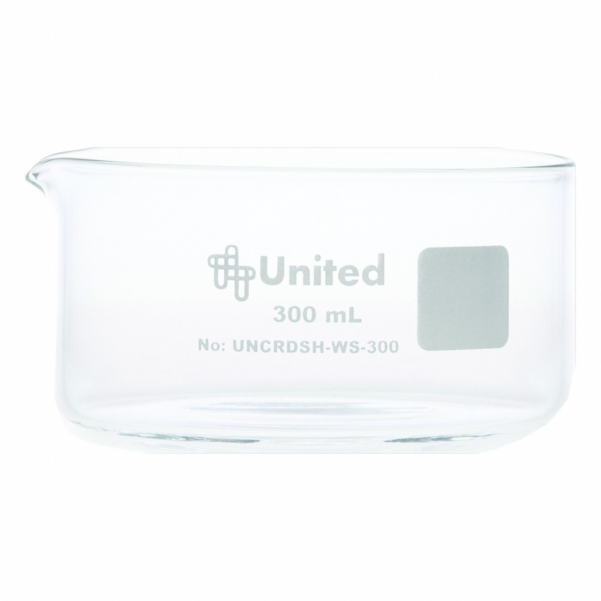 Crystallizing Dish: 100 mm Dia, 50 mm Overall Ht, No Surface Treatment, Spout, Borosilicate Glass (MPN UNCRDSH-WS-300). Key specifications — Includes: Spout; Material: Borosilicate Glass; Brand: UNITED SCIENTIFIC SUPPLIES INC; Surface Type: No Surface Treatment.
