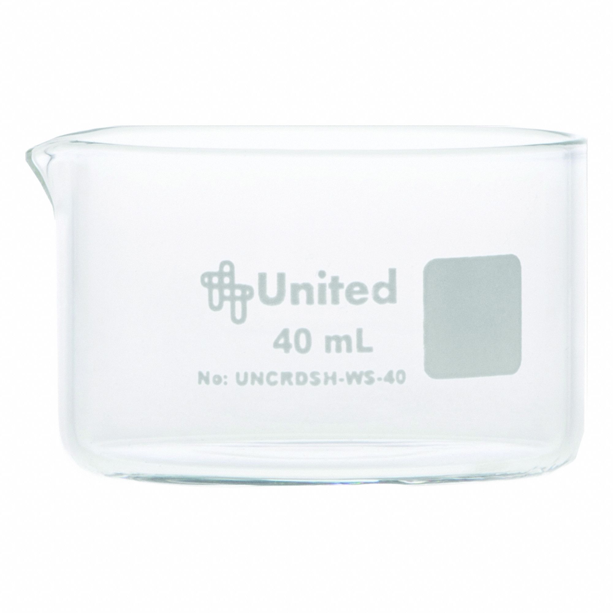 Crystallizing Dish: 50 mm Dia, 30 mm Overall Ht, No Surface Treatment, Spout, Borosilicate Glass (MPN UNCRDSH-WS-40). Key specifications — Includes: Spout; Material: Borosilicate Glass; Brand: UNITED SCIENTIFIC SUPPLIES INC; Surface Type: No Surface Treatment.