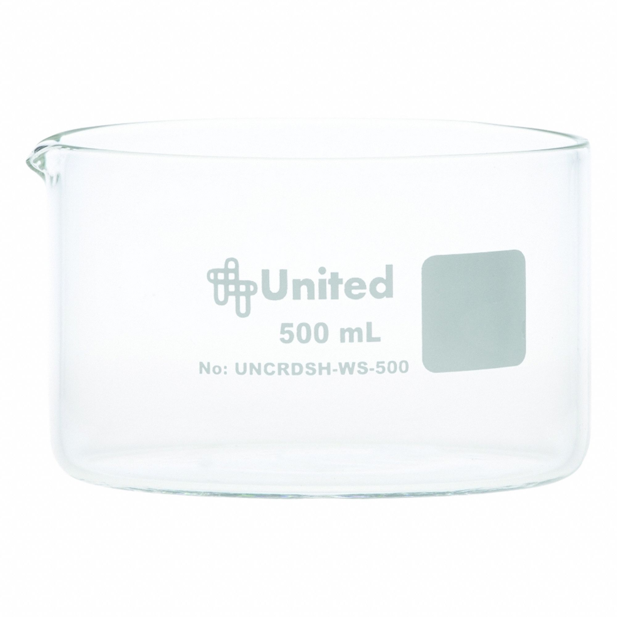 Crystallizing Dish: 110 mm Dia, 70 mm Overall Ht, No Surface Treatment, Spout, Borosilicate Glass (MPN UNCRDSH-WS-500). Key specifications — Includes: Spout; Material: Borosilicate Glass; Brand: UNITED SCIENTIFIC SUPPLIES INC; Surface Type: No Surface Treatment.