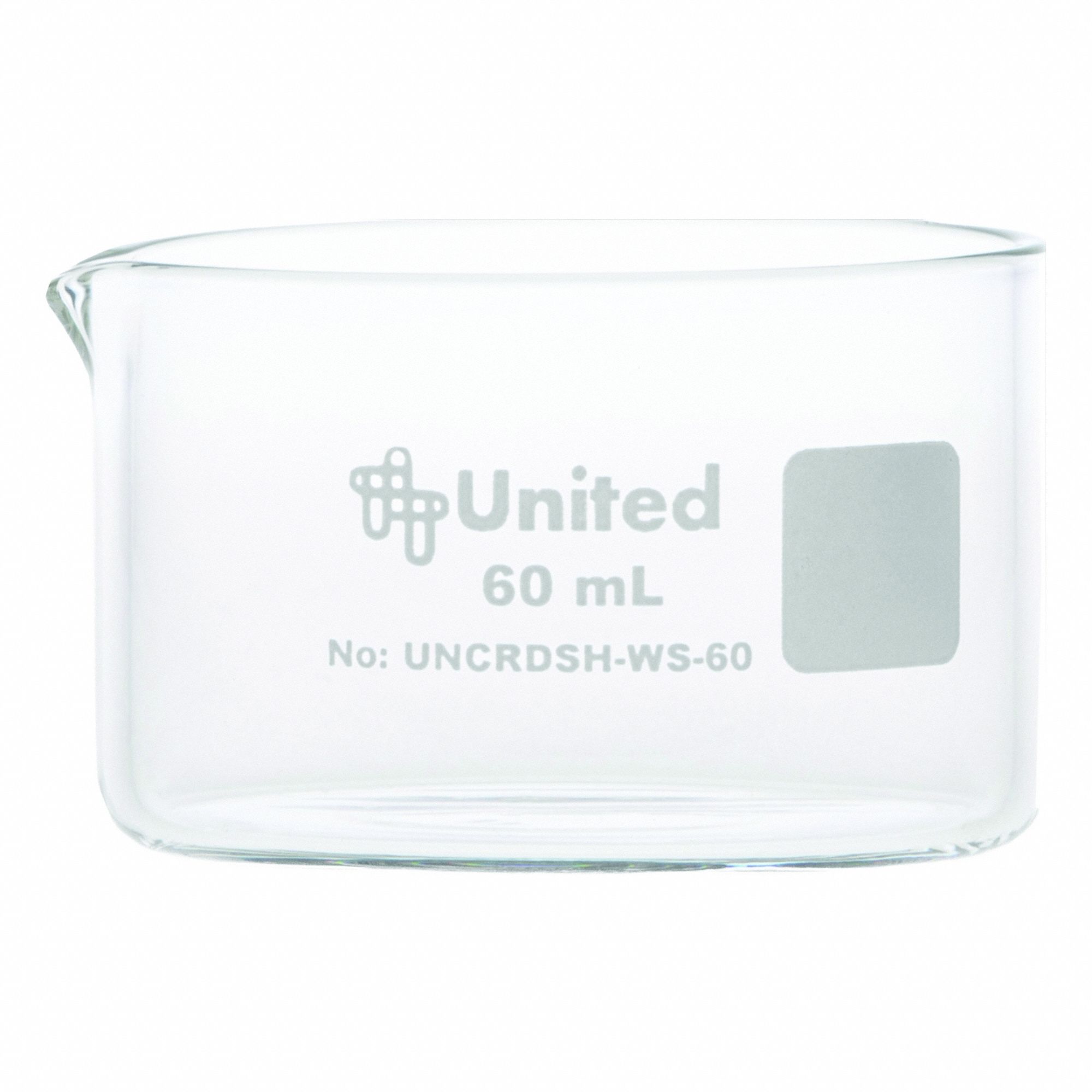 Crystallizing Dish: 60 mm Dia, 35 mm Overall Ht, No Surface Treatment, Spout, Borosilicate Glass (MPN UNCRDSH-WS-60). Key specifications — Includes: Spout; Material: Borosilicate Glass; Brand: UNITED SCIENTIFIC SUPPLIES INC; Surface Type: No Surface Treatment.