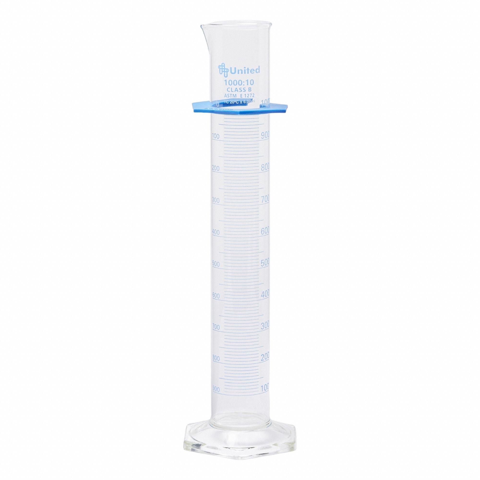 UNITED SCIENTIFIC SUPPLIES INC Graduated Cylinder: 1 L, A, To Contain (TC), Bumper Included (MPN UNCYLNGB-1000). Key specifications — ASTM Specification: E1272; Brand: UNITED SCIENTIFIC SUPPLIES INC; USP Specification: Type I; Closure Included: No; Includes: Bumper.